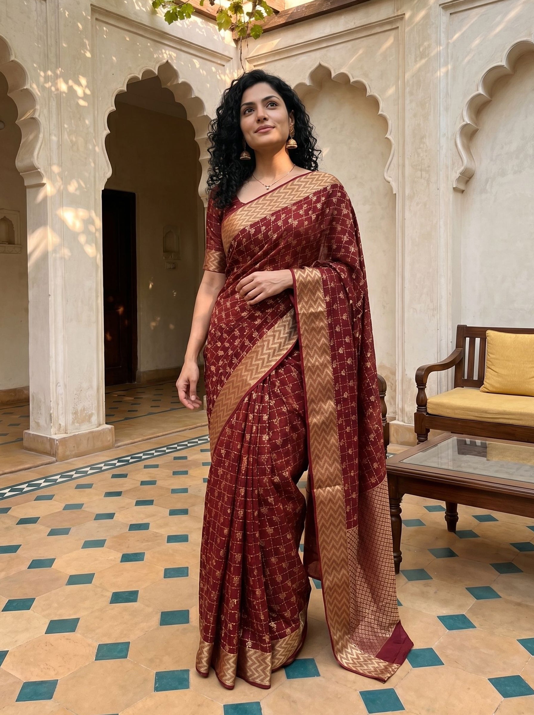 Tussar Maroon Grid and Floral Buta Saree