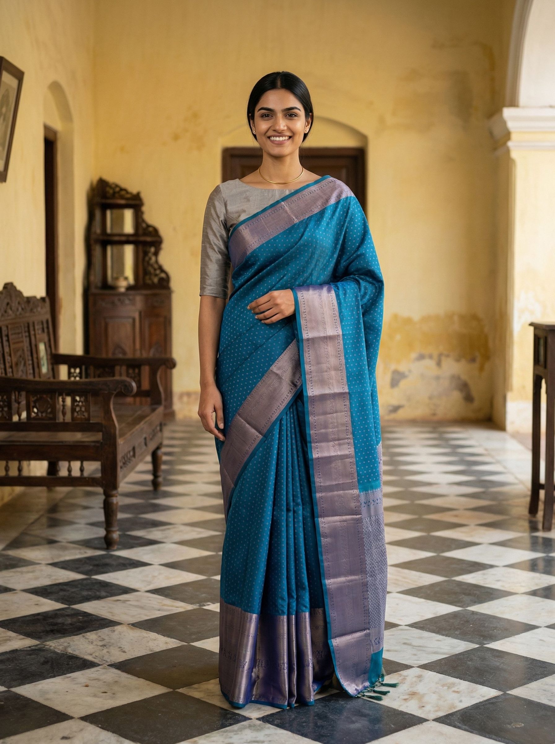 Woman in a blue saree standing in a room with checkered floor and wooden furniture.