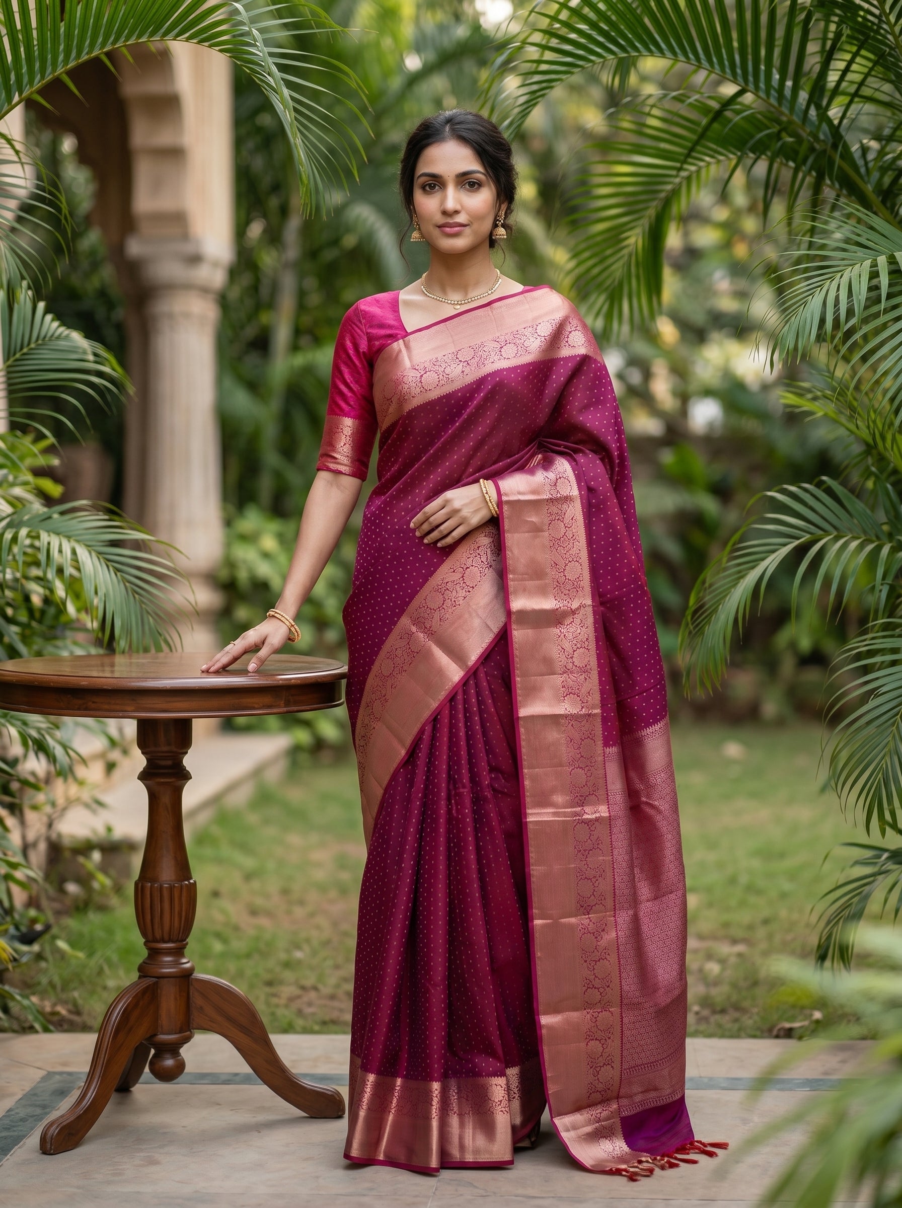 Kanjivaram Silk Magenta Pink Saree with Gold Zari Butta Design