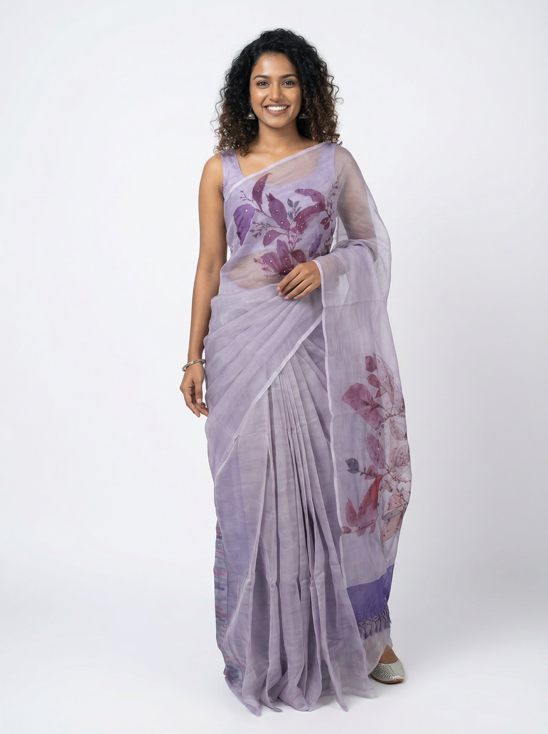 Organza Fancy Stylish Lavender Saree with Contemporary Brush Stroke Blouse