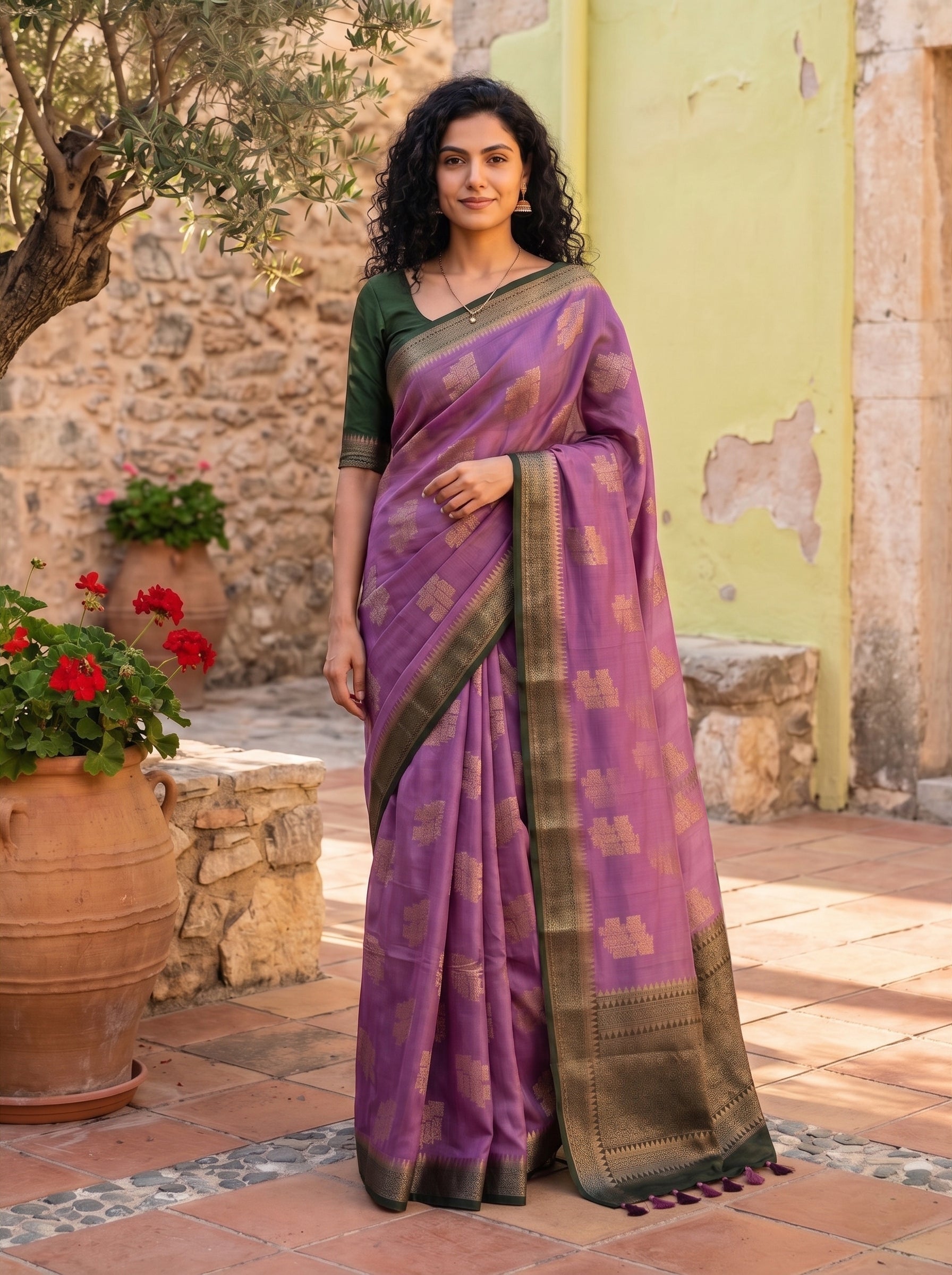 Semi Tussar Lavender Purple Gold Butta Traditional Saree