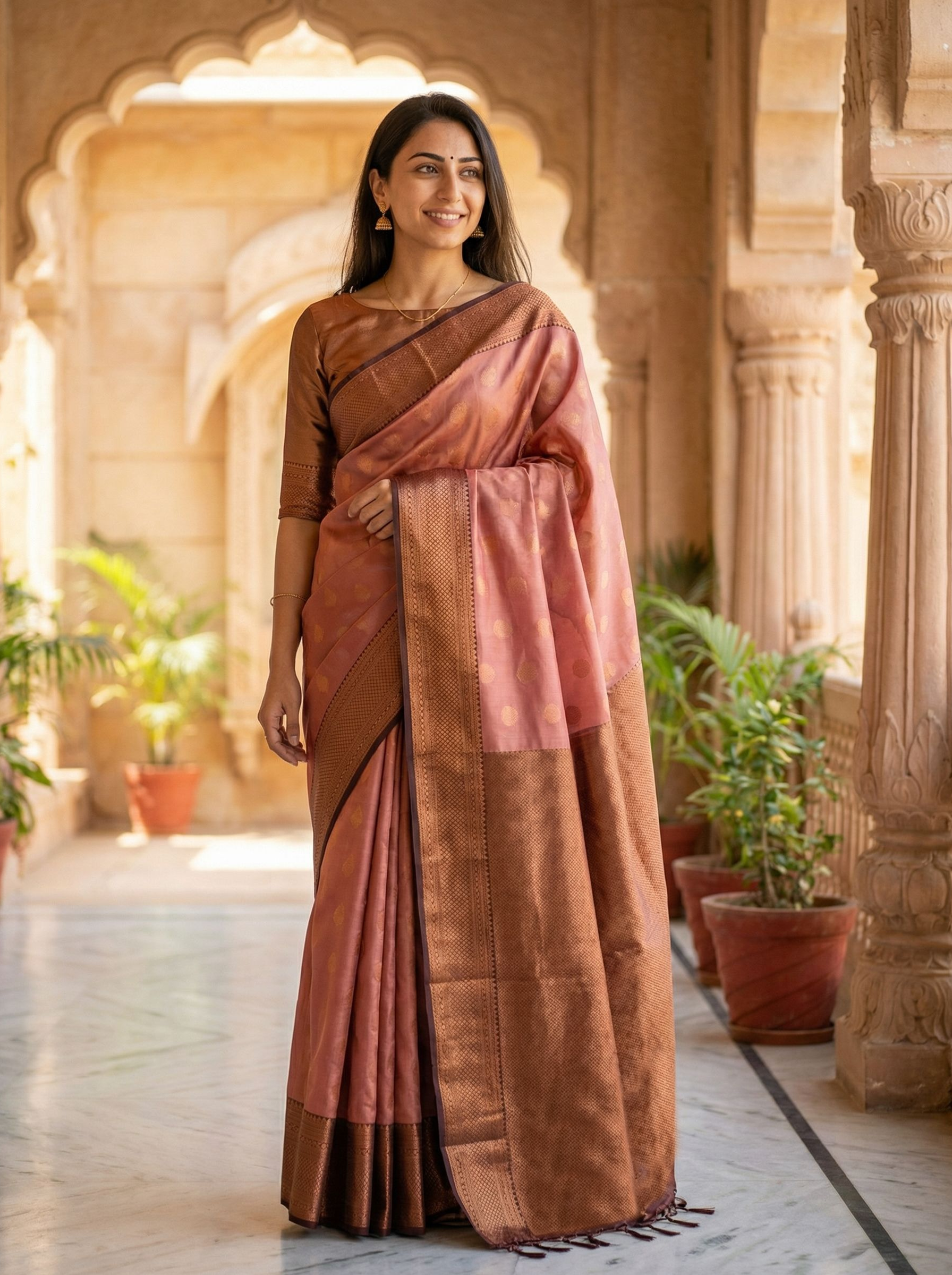 Semi Silk Elegant Dusty Rose  Saree with Antique Copper Border