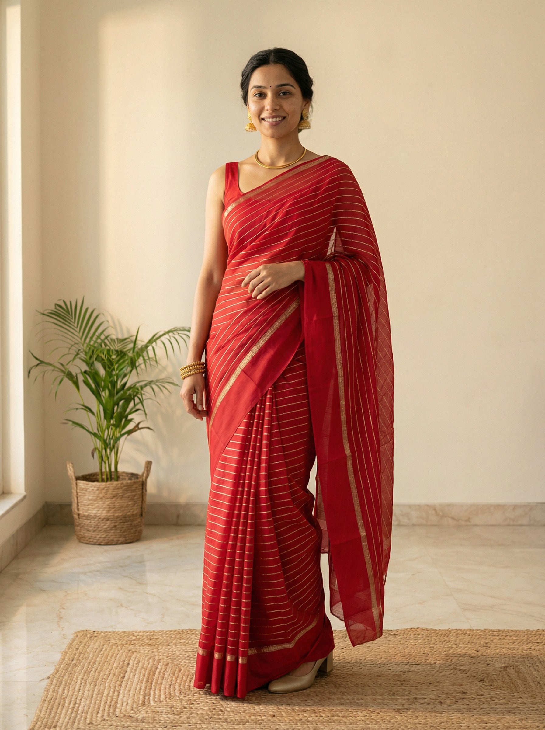 Synthetic Bright Red Saree with Elegant Gold Stripe Pattern