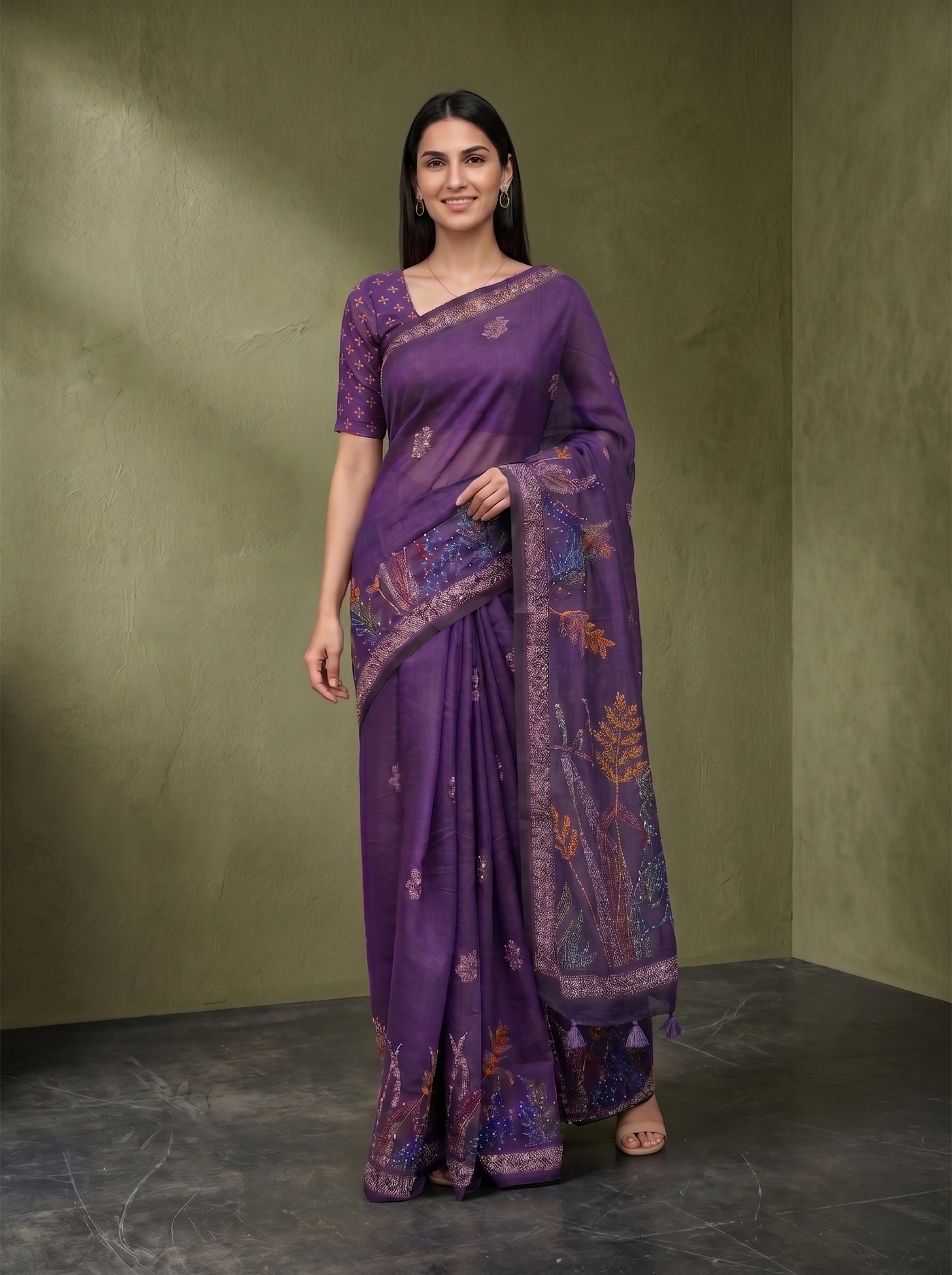 Soft Organza Violet Purple Multicolour Kantha & Sequin Embroidered Botanical Saree with Crystal Zari Border