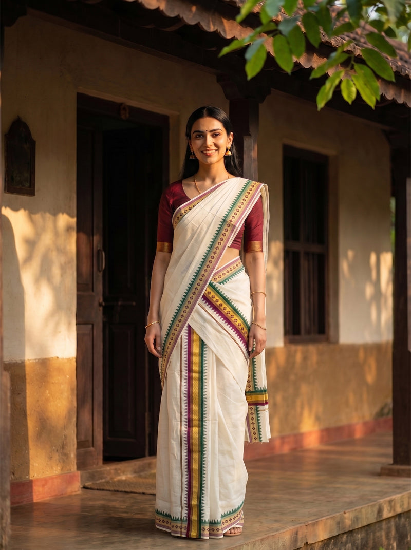 Woman in a traditional saree standing in front of a building with a tree in the background