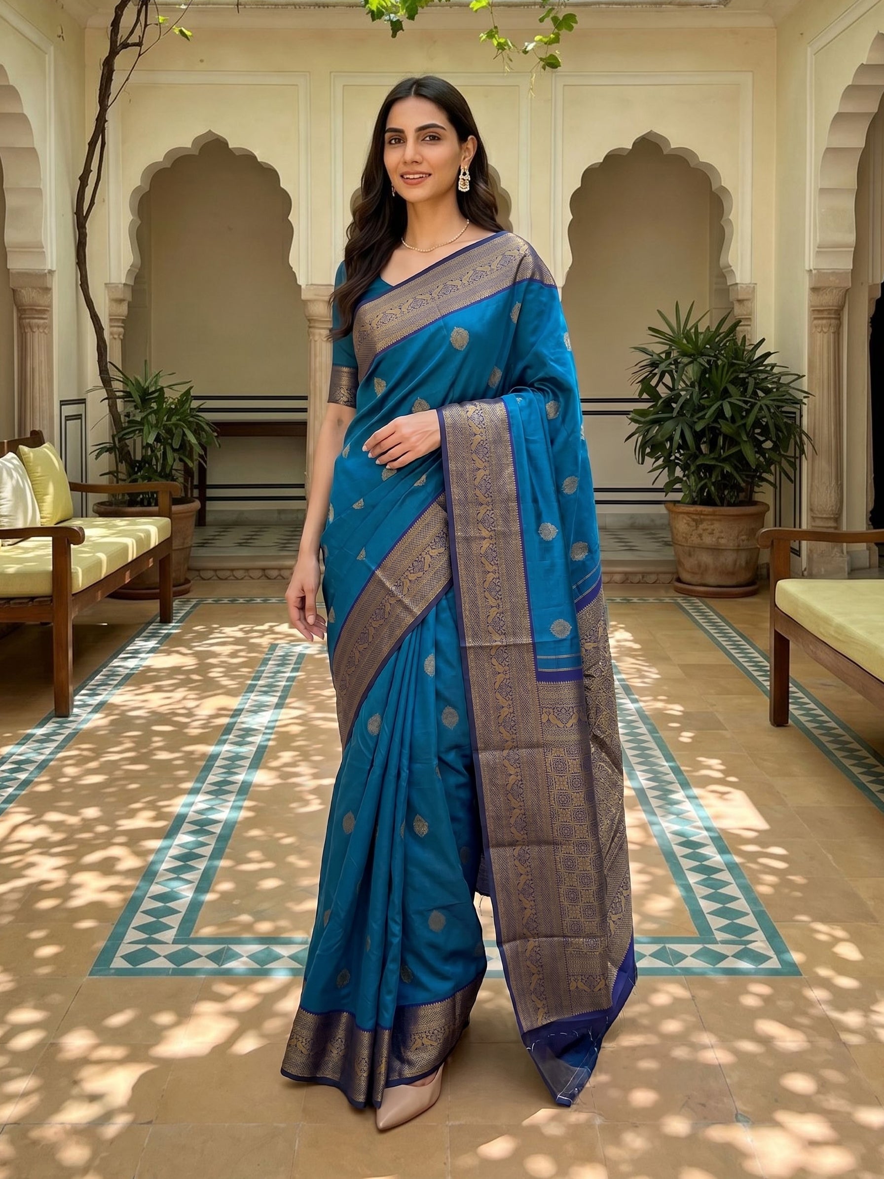 Woman in a blue saree with a patterned background