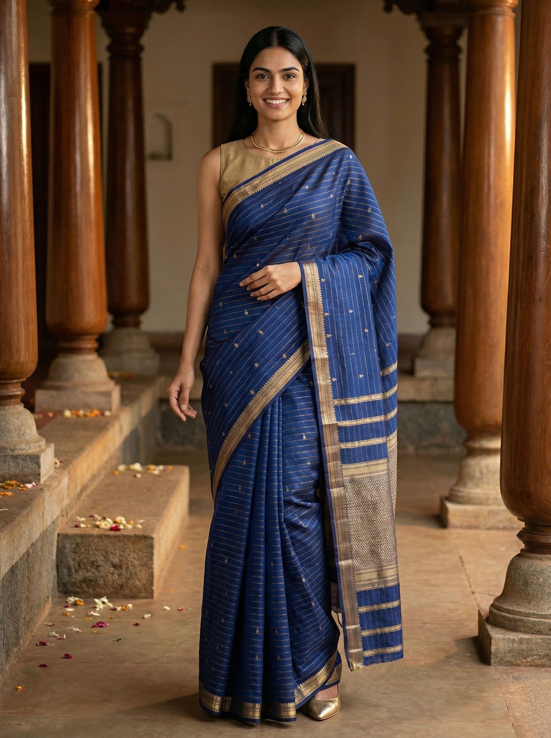 Kanjivaram silk Blue Stripe Gold Border Saree