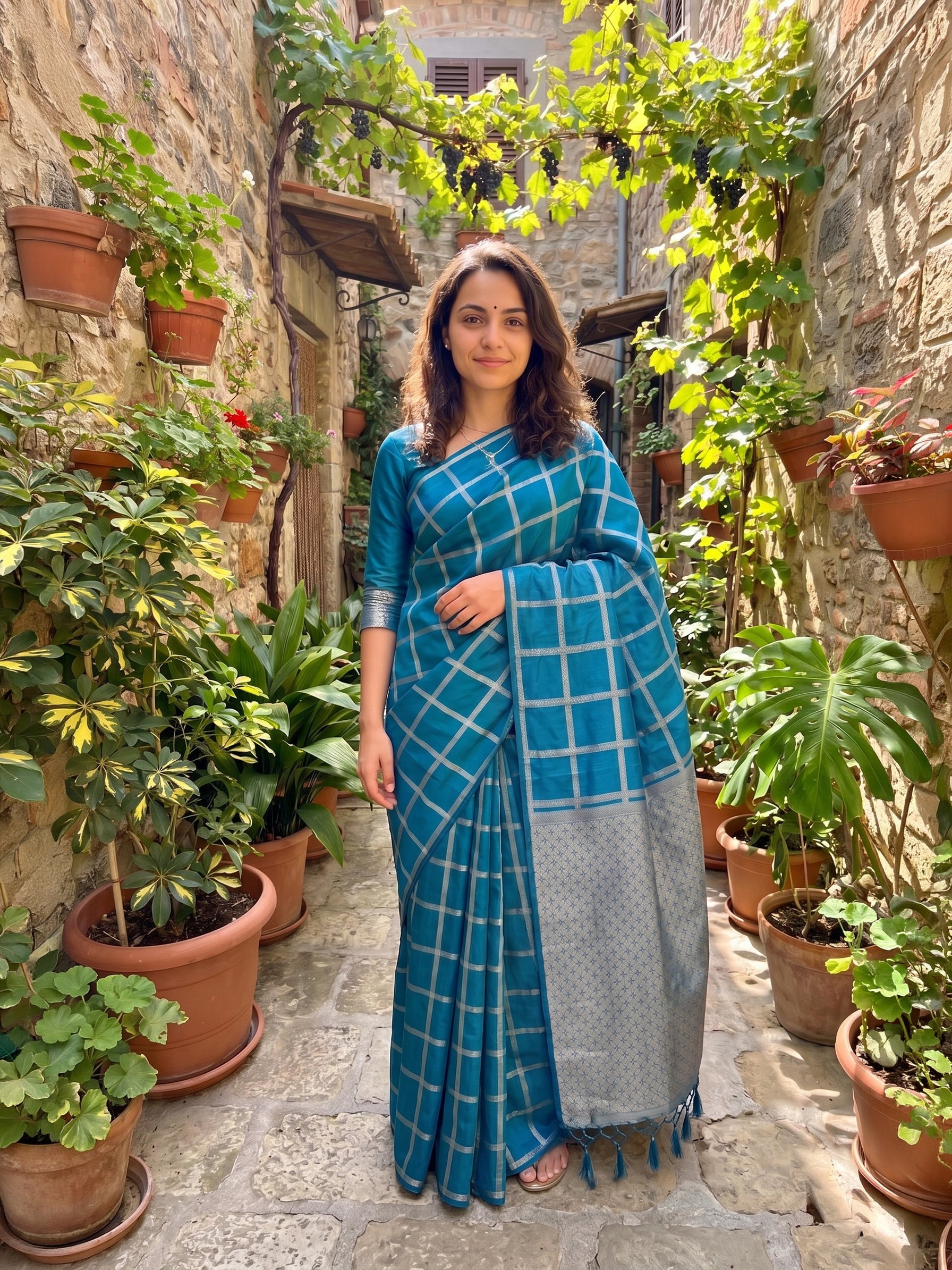 Woman in a blue and gray saree standing in a garden with potted plants.
