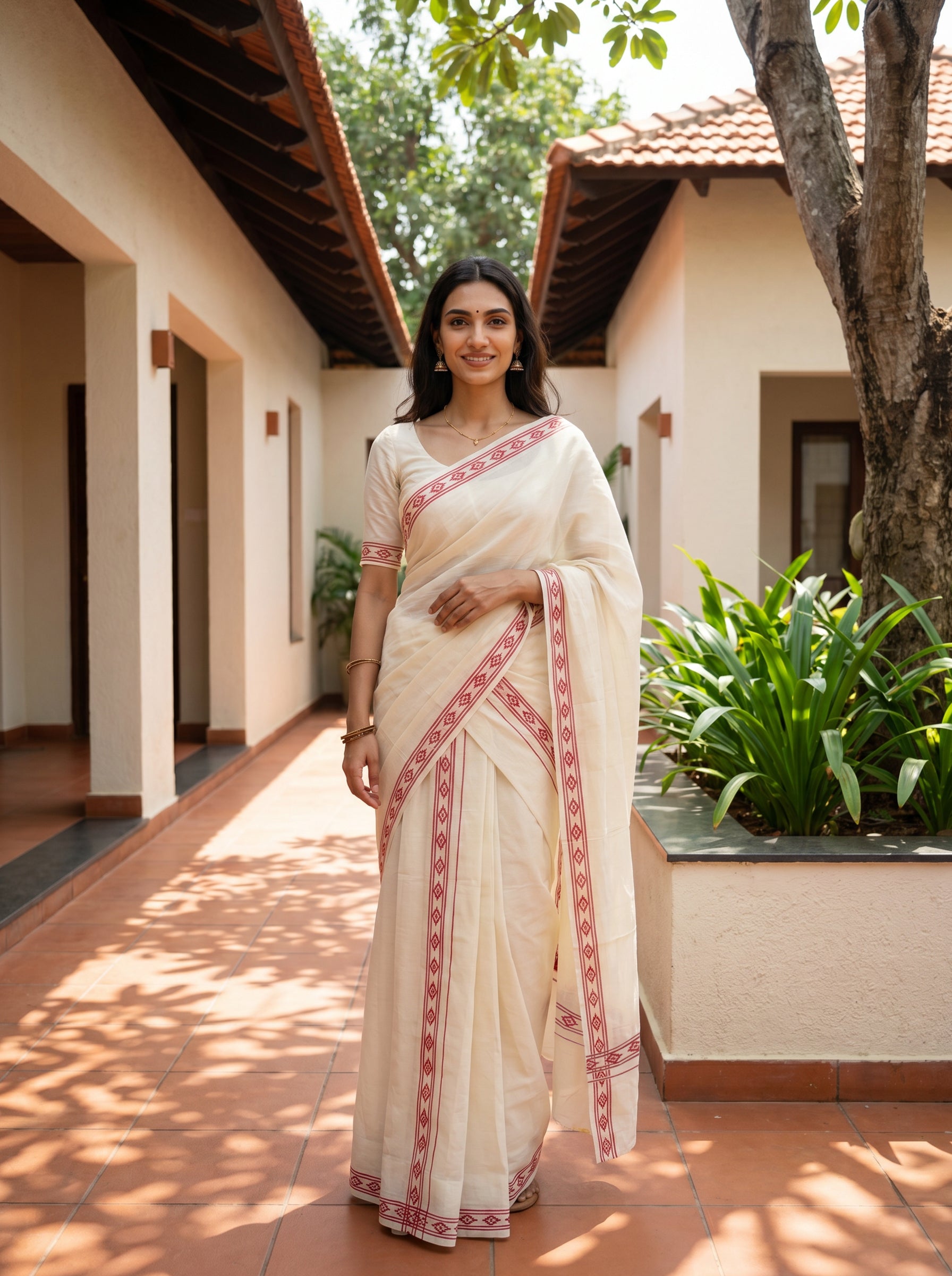 Woman in a white saree with red patterns standing outdoors on a sunny day.