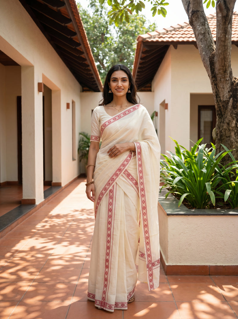 Woman in a white saree with red patterns standing outdoors on a sunny day.