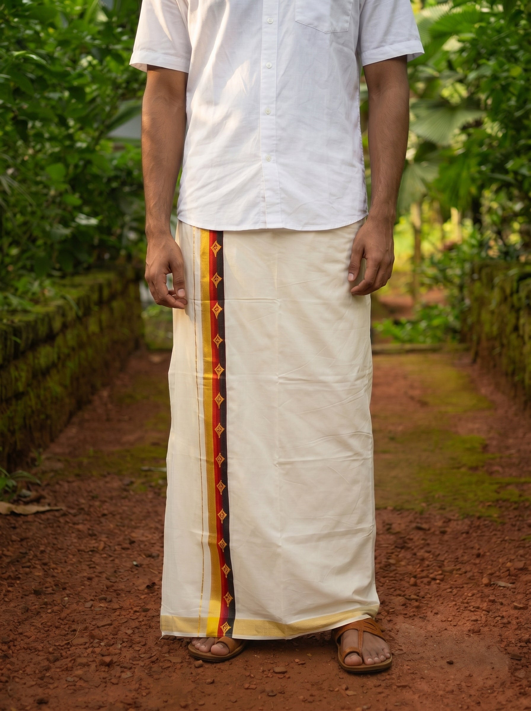 Men's Cotton Cream Golden Kasavu Dhoti With Multicolour Conch Shell Sticker Print