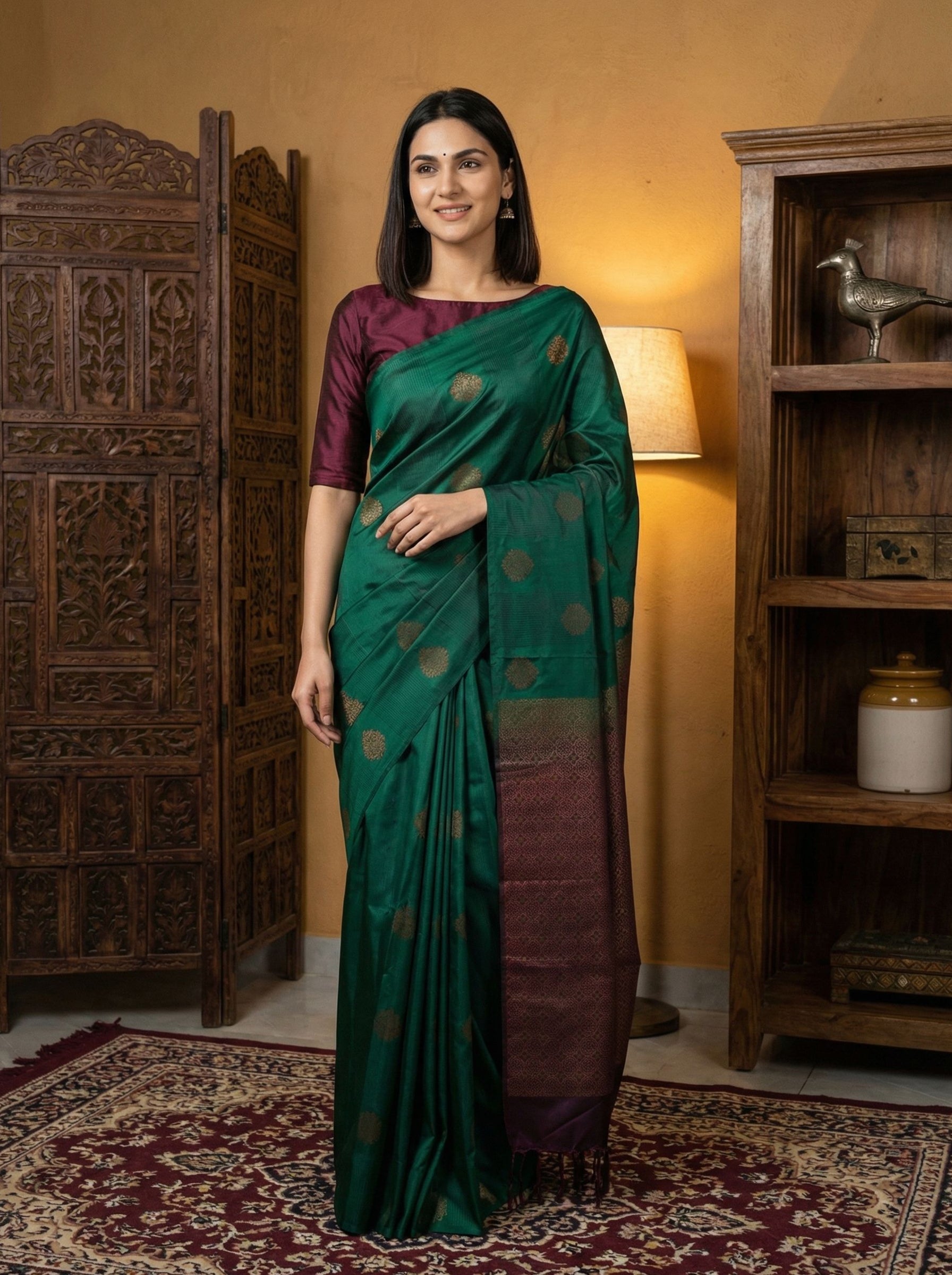 Semi Silk Green Woven Zari Motifs Saree
