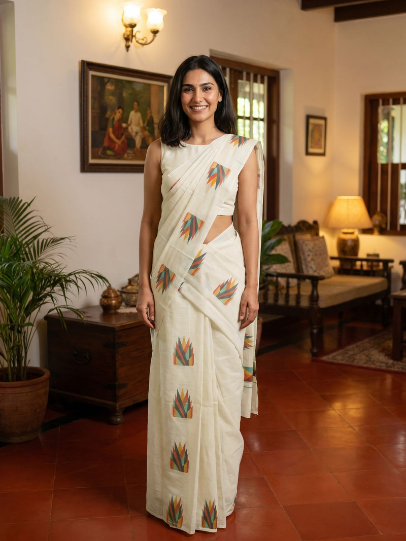 Woman in a white saree with colorful patterns standing in a room with decor elements.