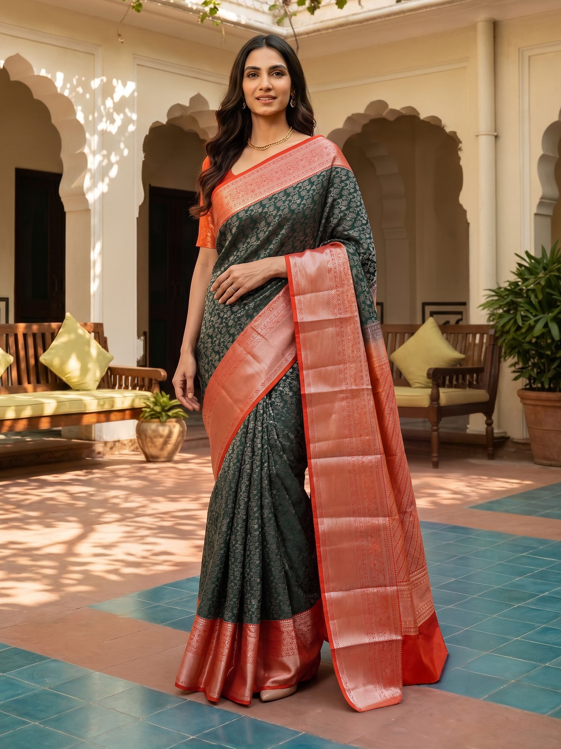 Woman in a green and red saree standing in an outdoor setting with a building and plants in the background.