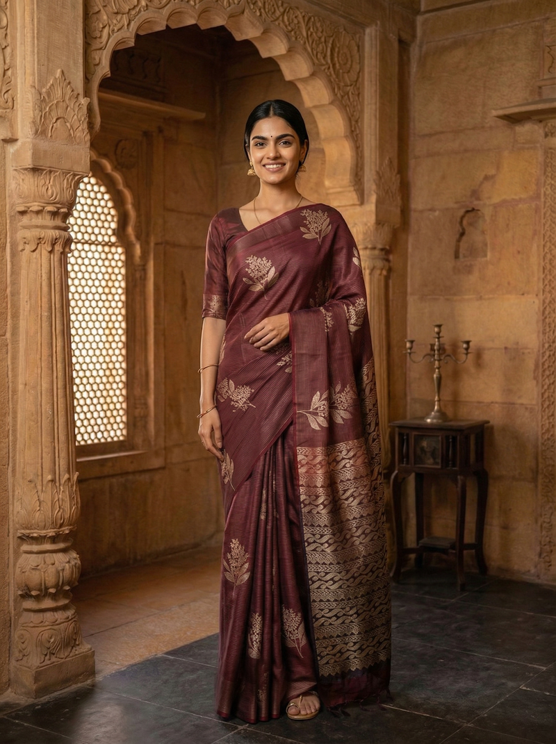 Woman in a traditional maroon saree with gold patterns standing in an ornate architectural setting.