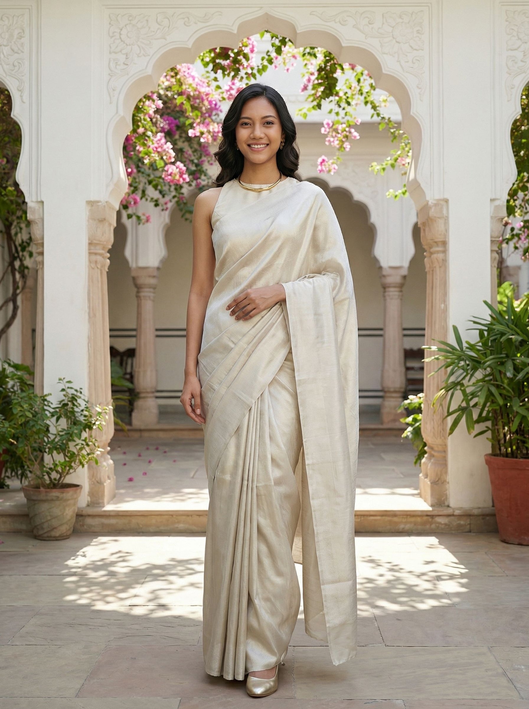 Kanjivaram Silk Ivory Self Design Festive Saree