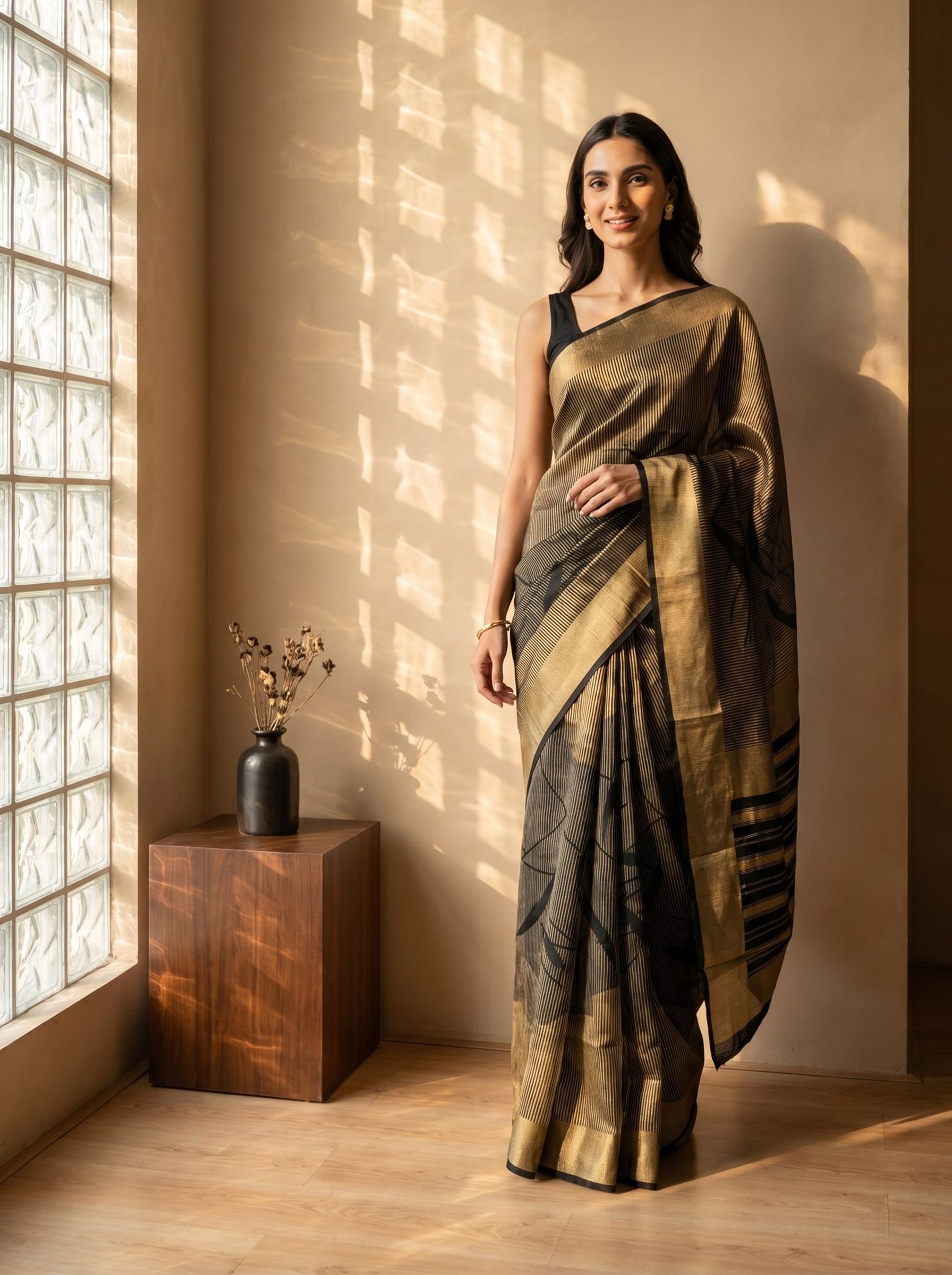 Tussar Silk Black and Gold Abstract Line Pattern Saree