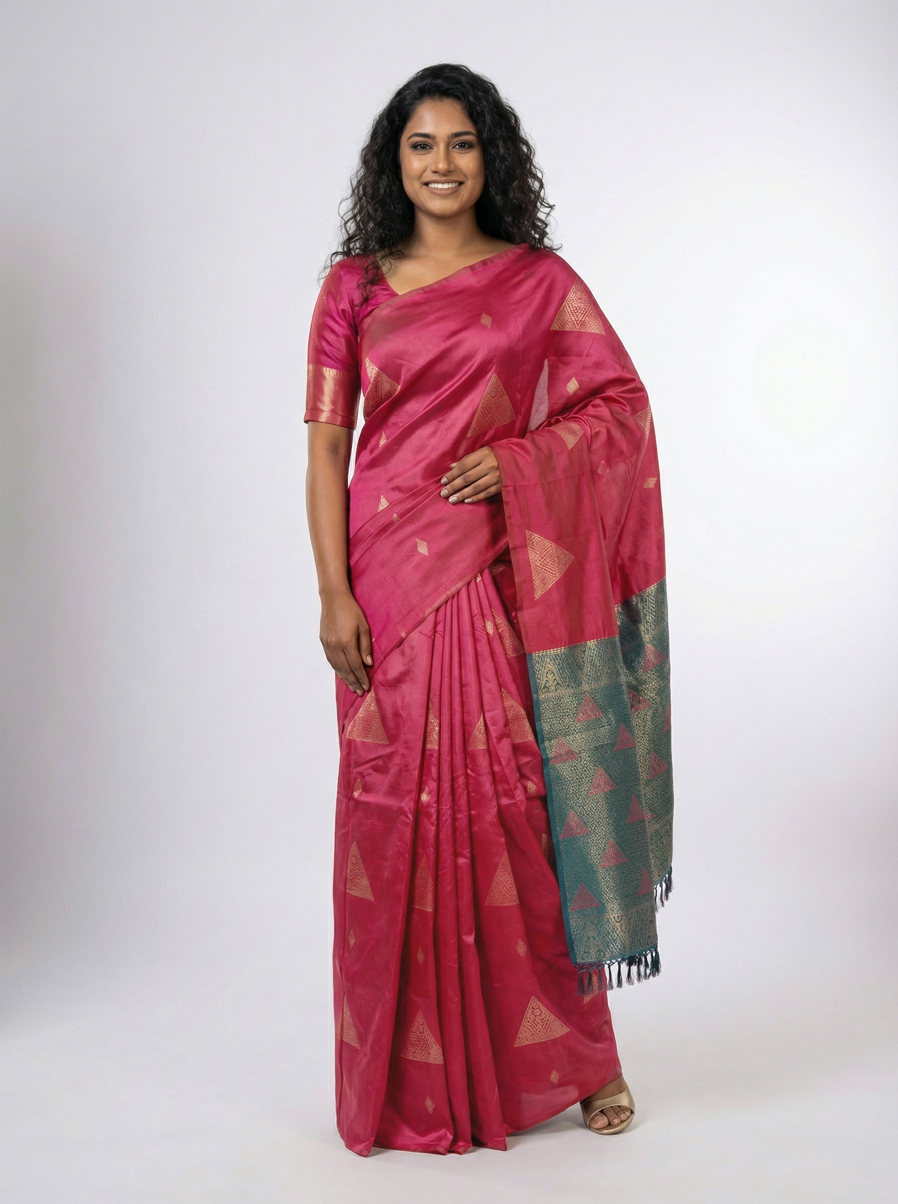 Semi Silk Ruby Pink Saree for Women with Triangle Paisley Butta