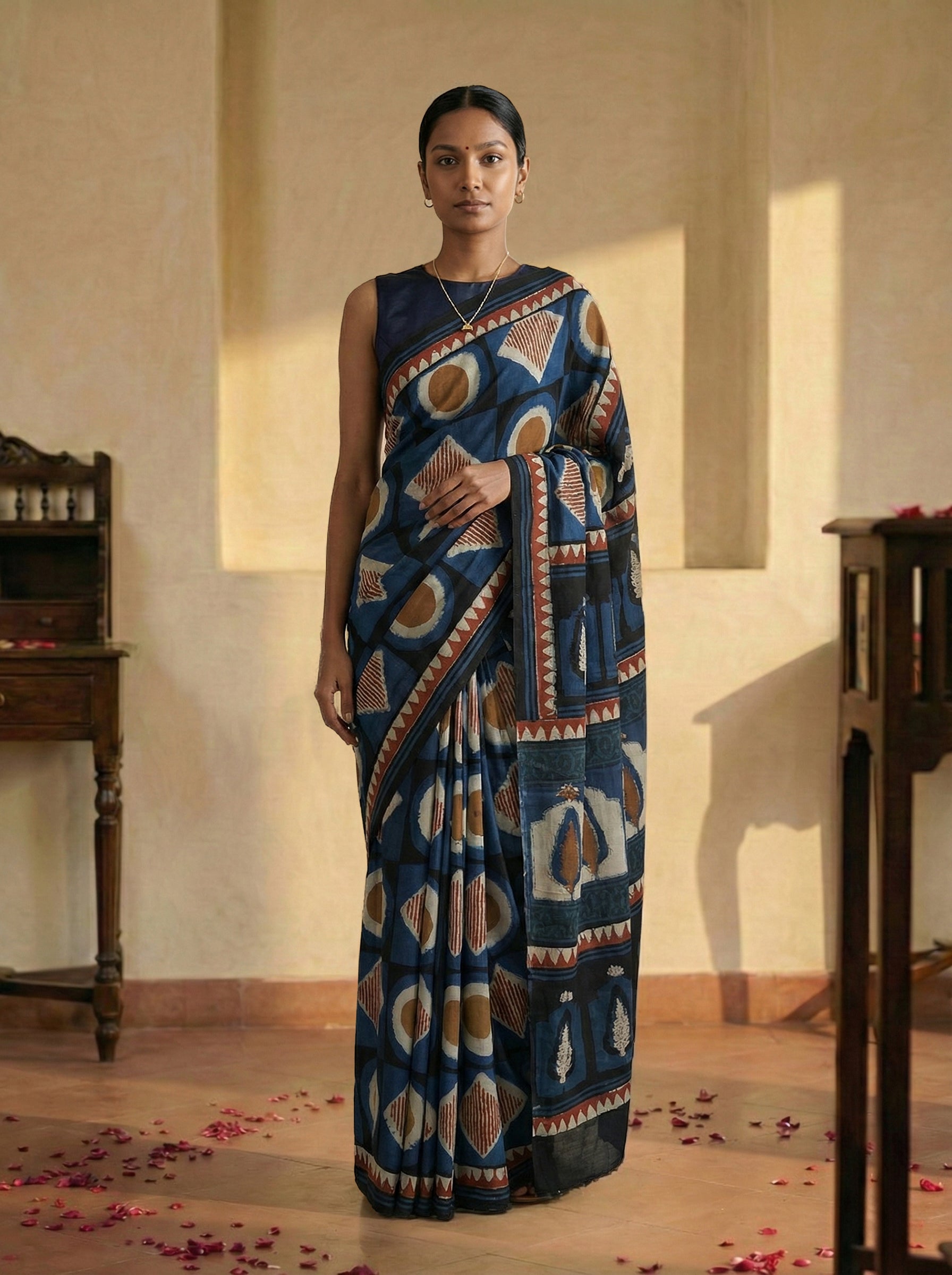 Modal Navy Blue Geometric Print Saree