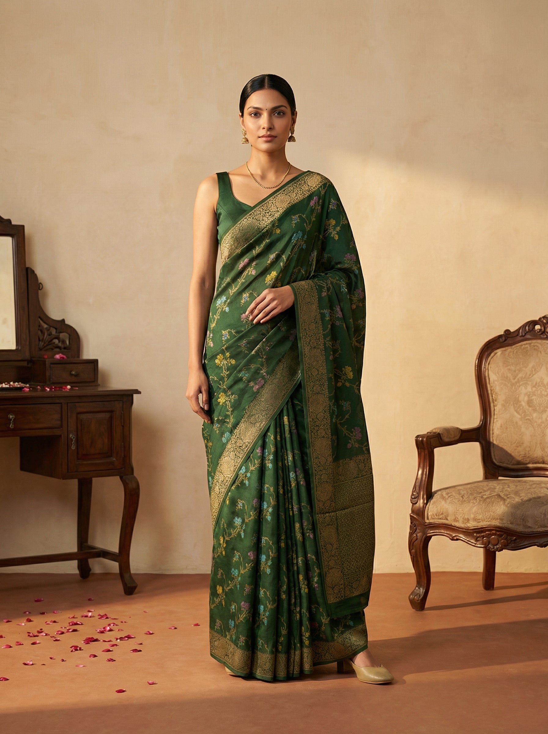 Jute Verdant Green Wildflower Lattice Saree