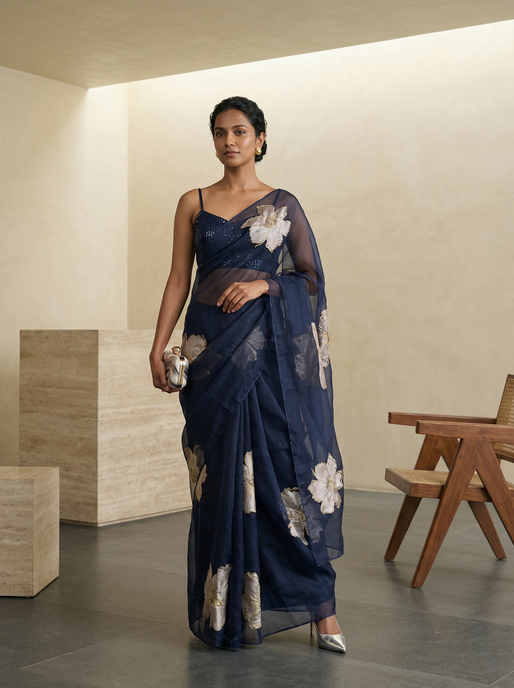 Organza Navy Blue Gold Floral Pattern Designer Saree