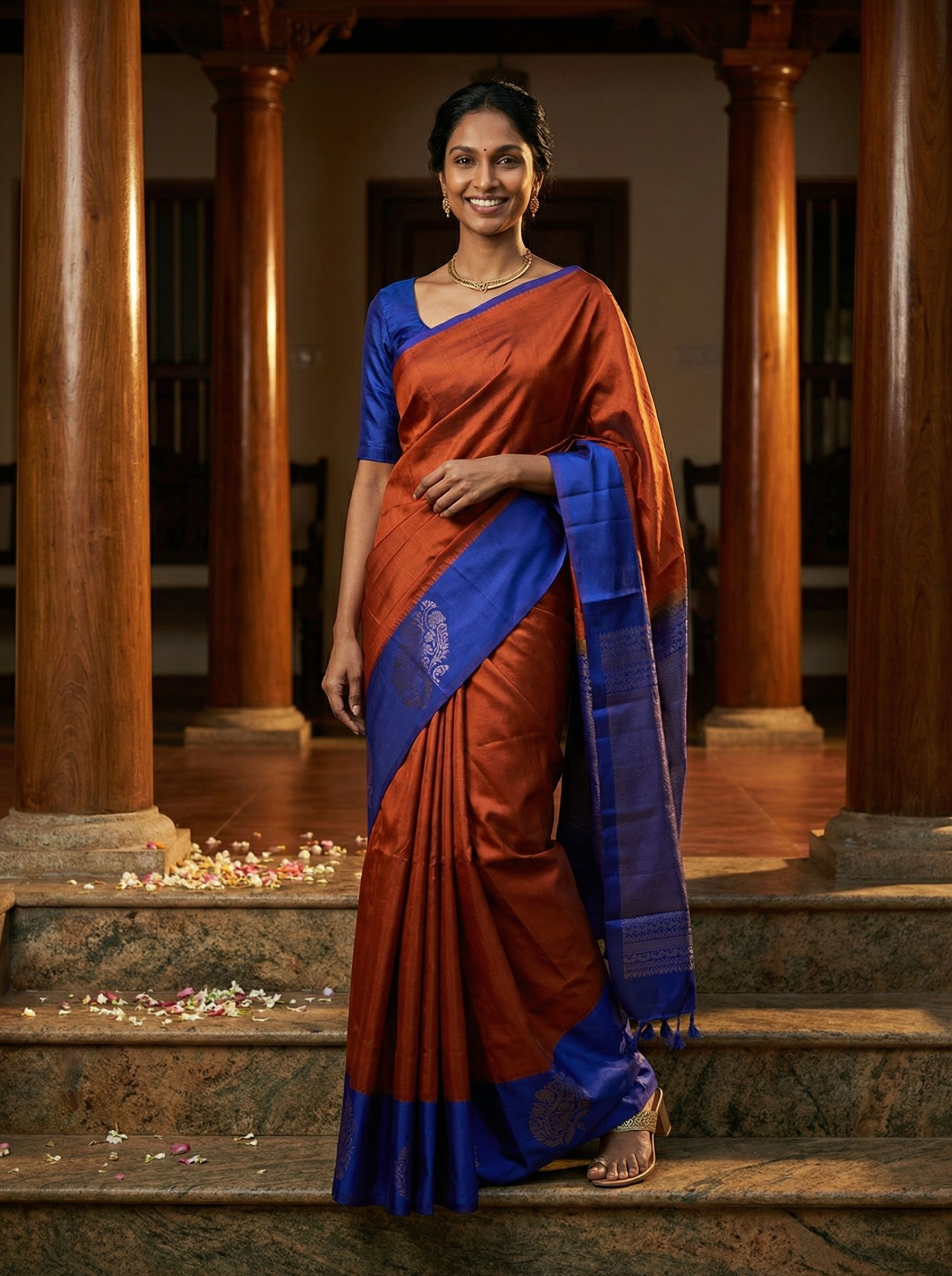 Kanjivaram silk Rust Orange and Royal Blue Saree with Paisley Zari Border