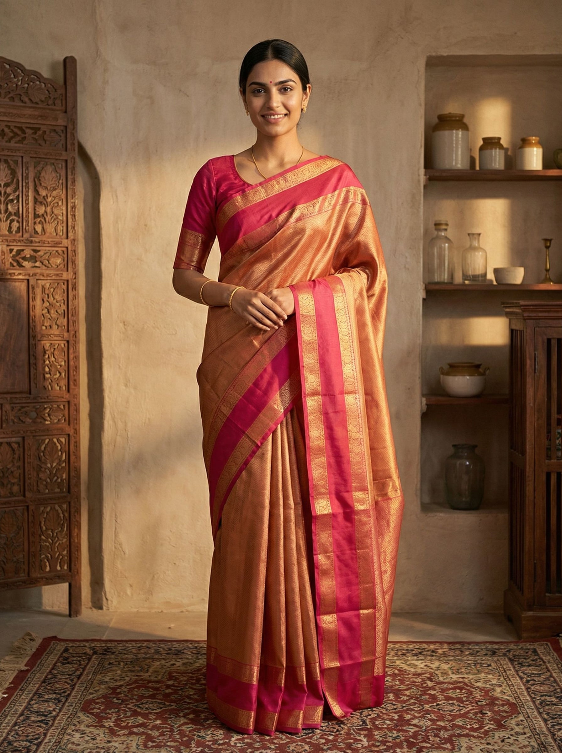 Woman wearing a traditional saree in a warm-toned room with wooden furniture and decorative items.