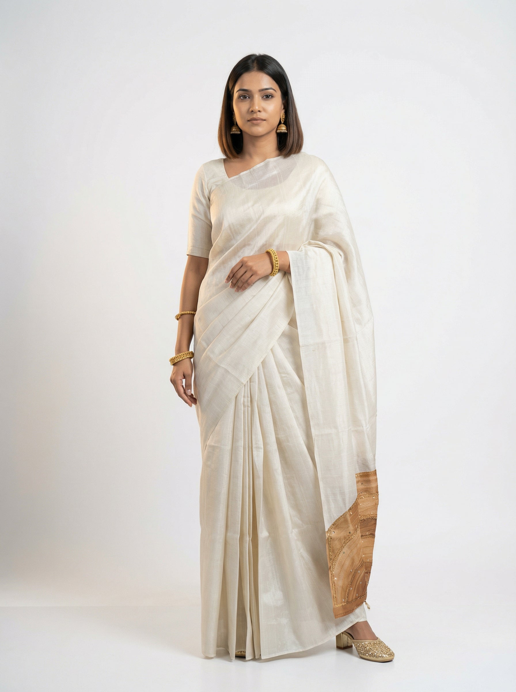 Semi Silk Women’s Ivory  Saree with Minimal Plain Design and Printed Blouse Piece