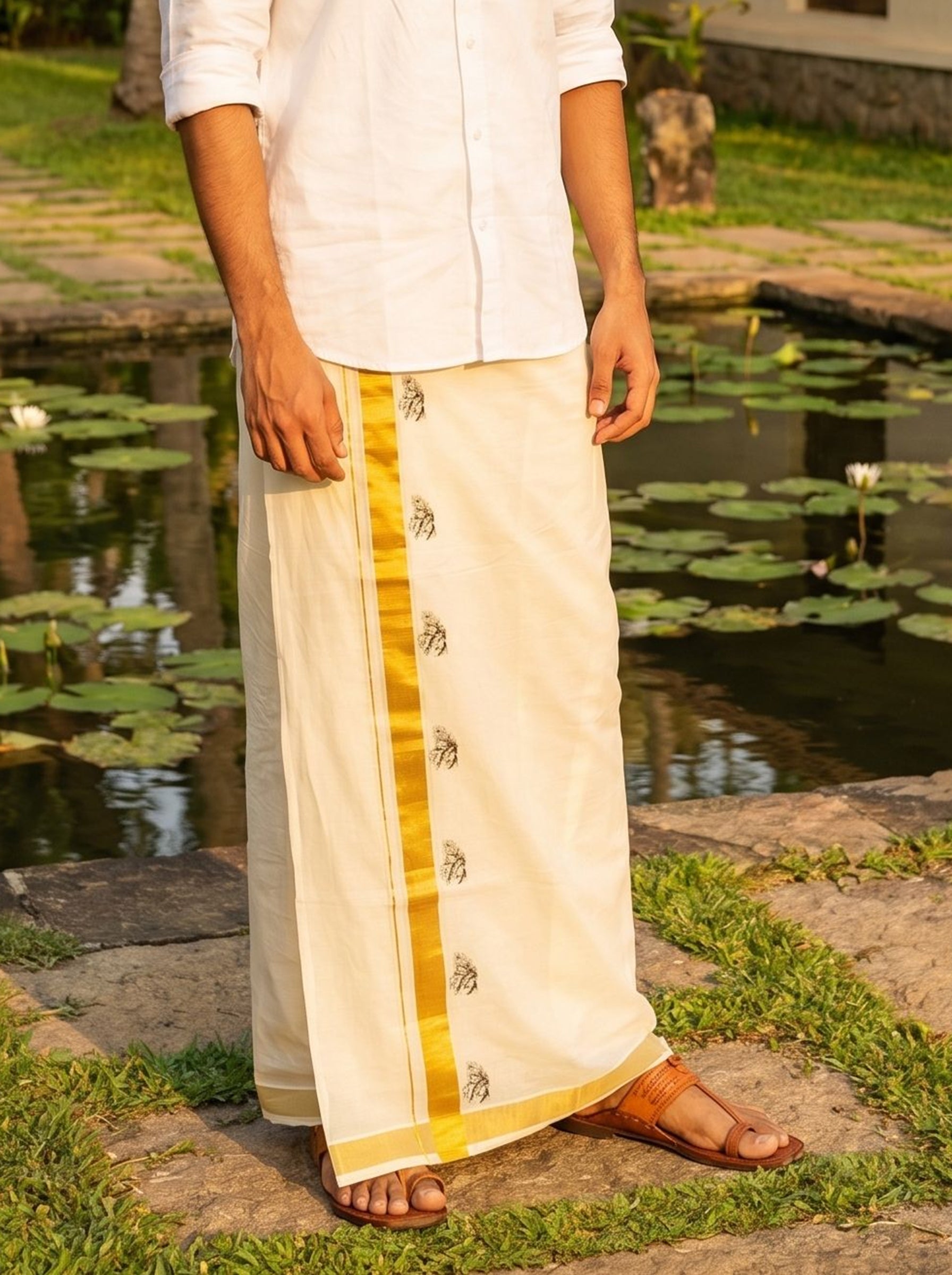 Men's Handloom Cotton Cream Golden Border Lord Krishna Print Kerala Dhoti