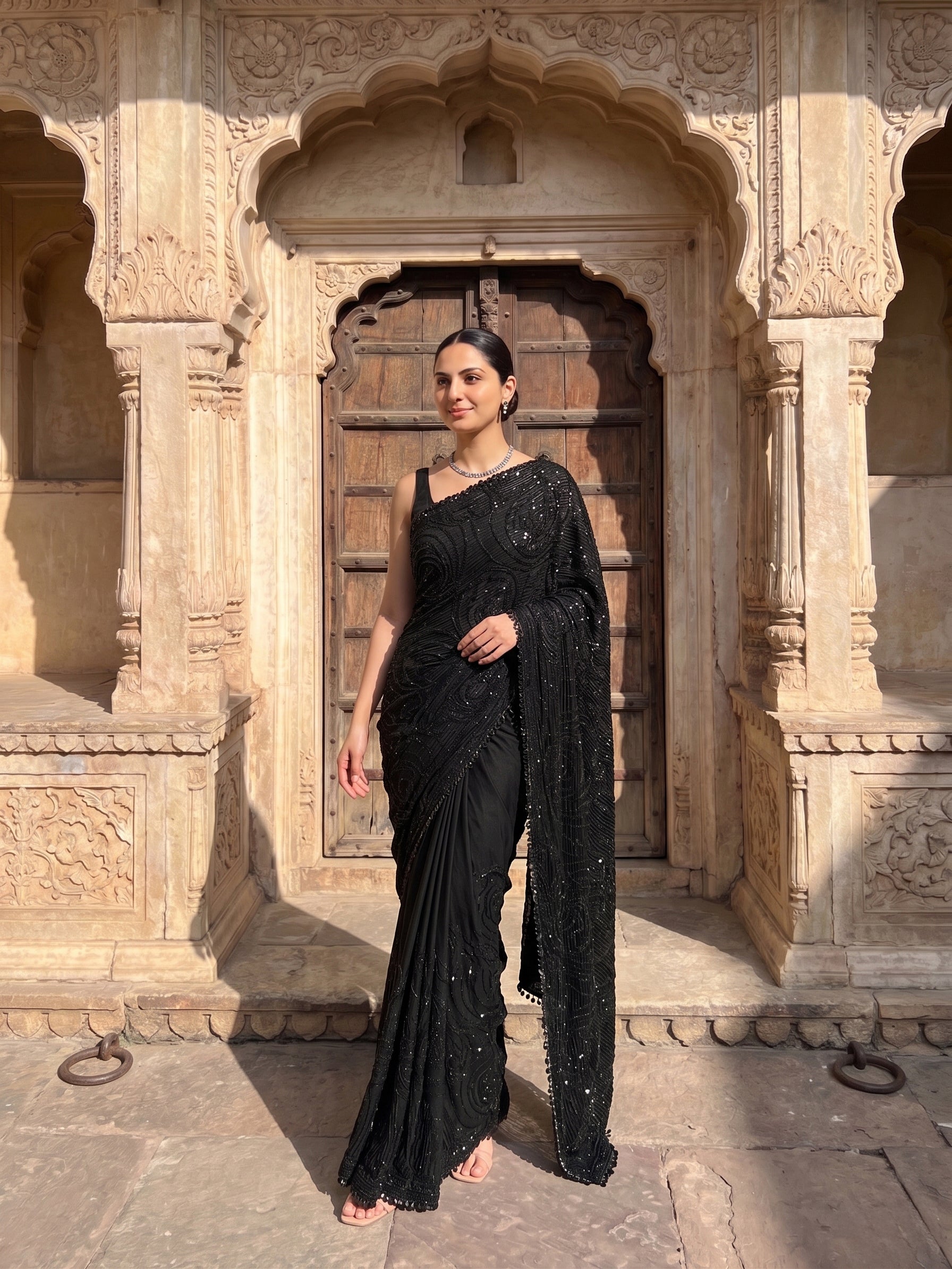 Woman in a black saree standing in front of an ornate stone archway.
