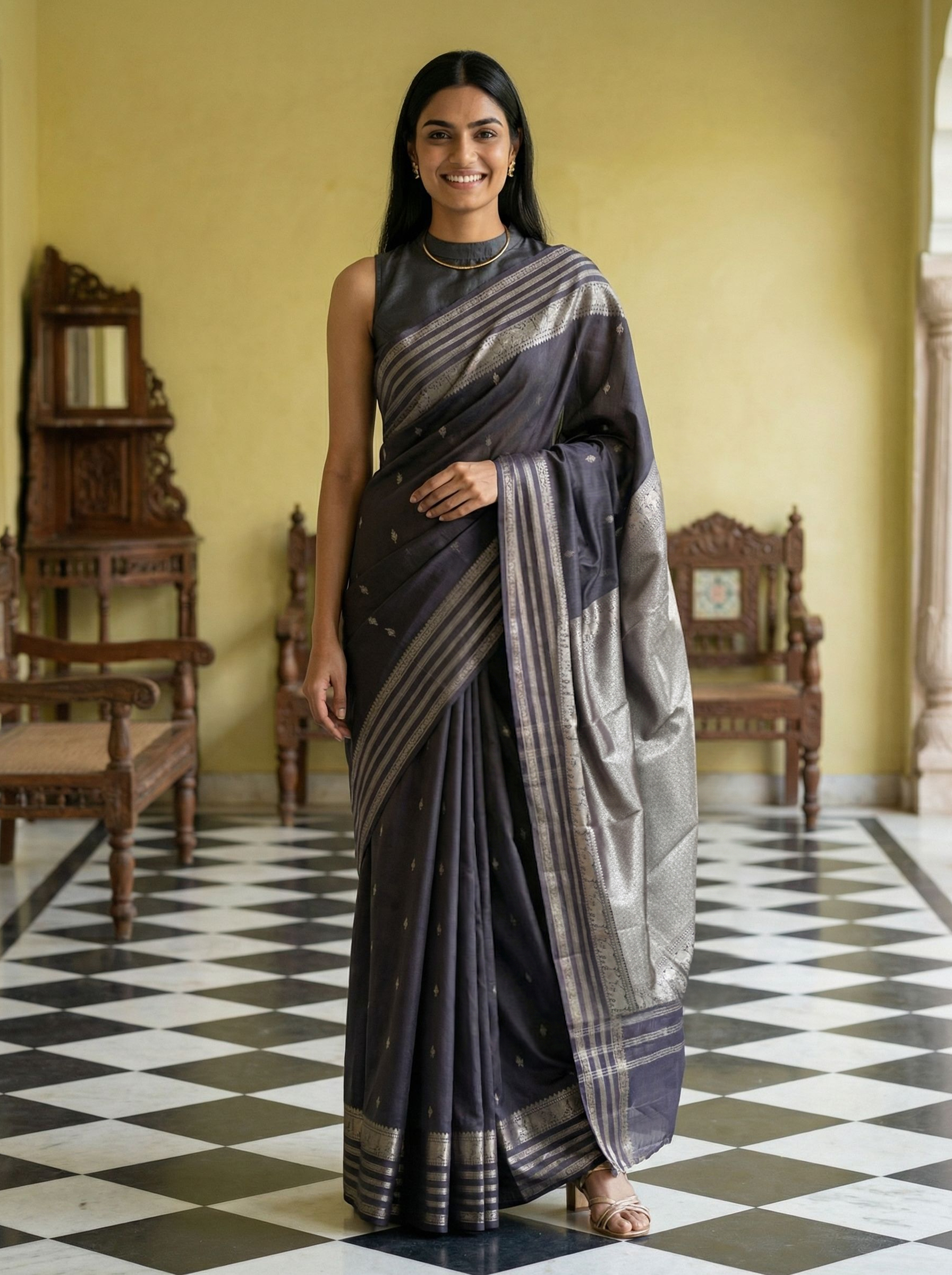 Kanjivaram Pure Silk Charcoal Grey Butta Saree with Silver Zari