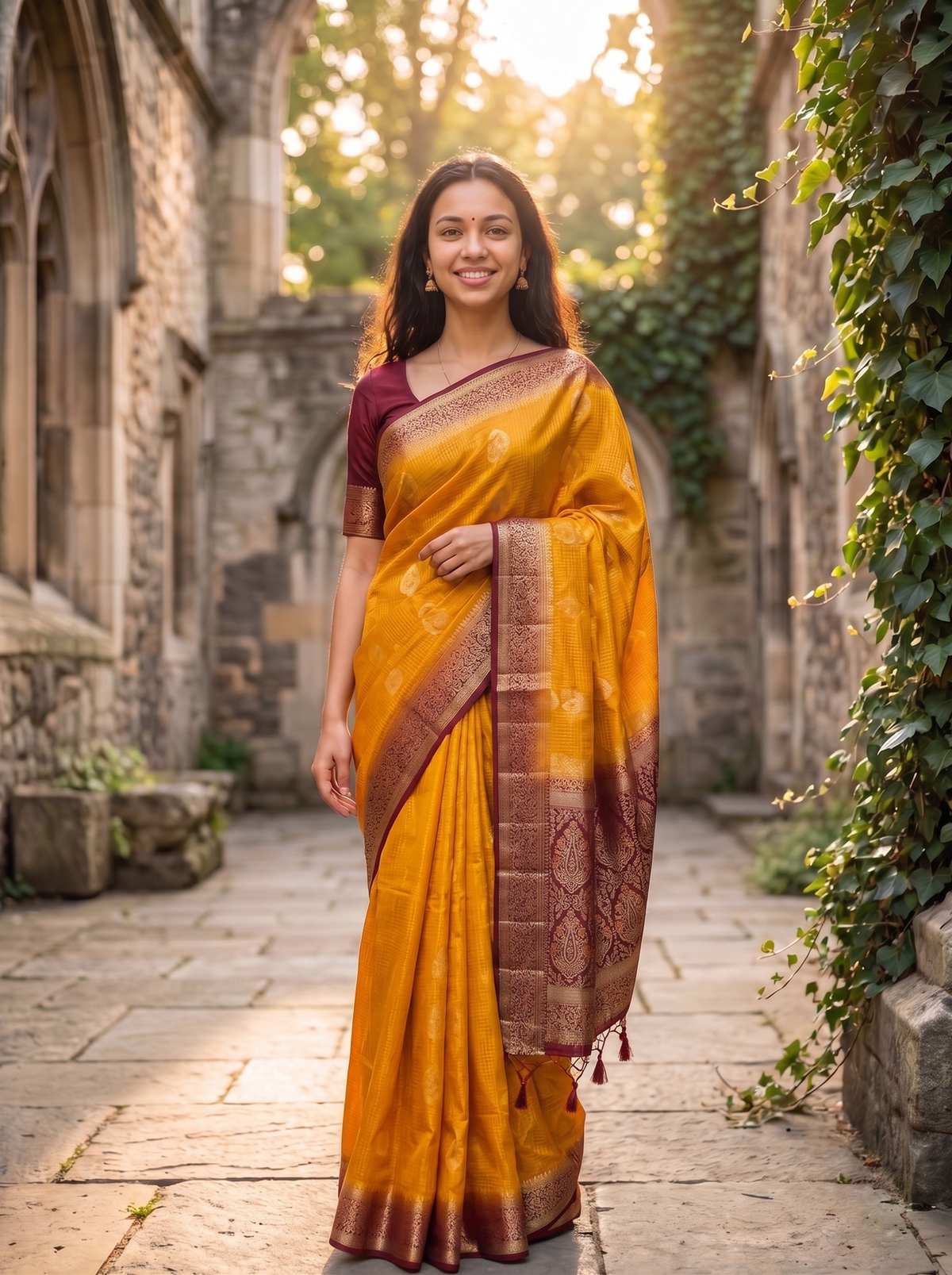 Woman in a yellow saree with a red blouse standing in an outdoor setting with stone architecture and greenery.
