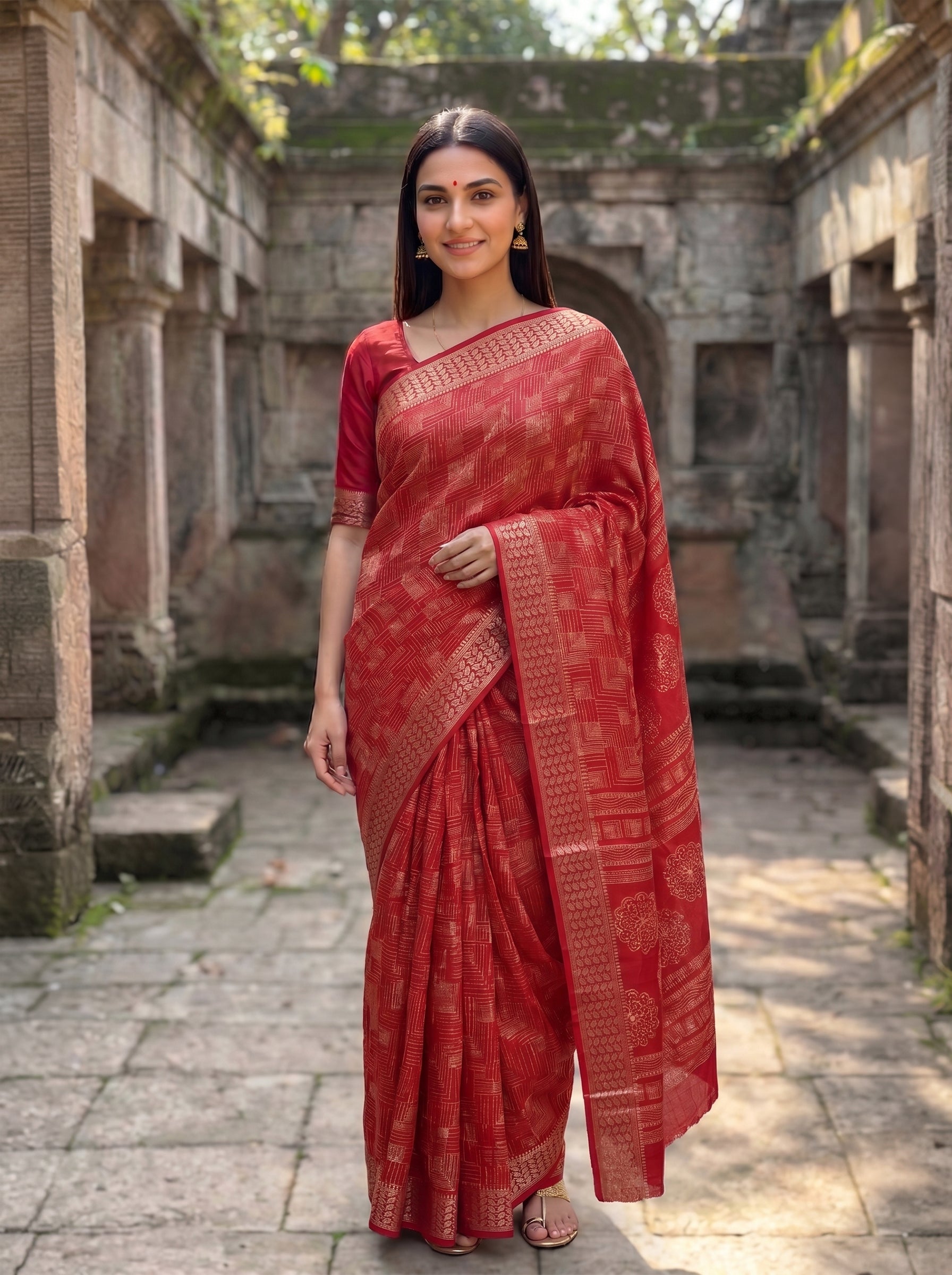 Woman in a red saree standing in an outdoor setting with stone architecture.