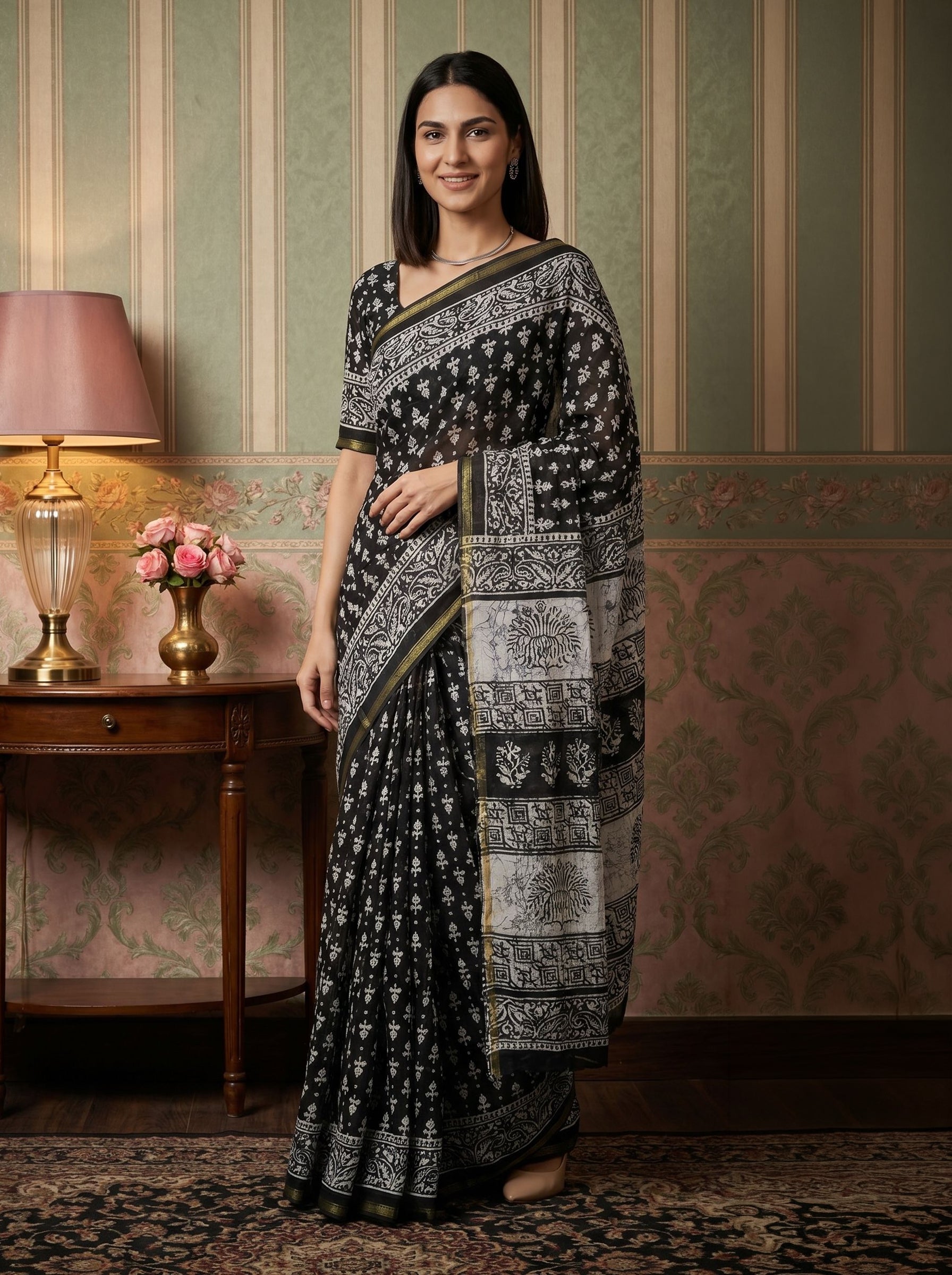 Woman wearing a black and white patterned saree in an elegant room.