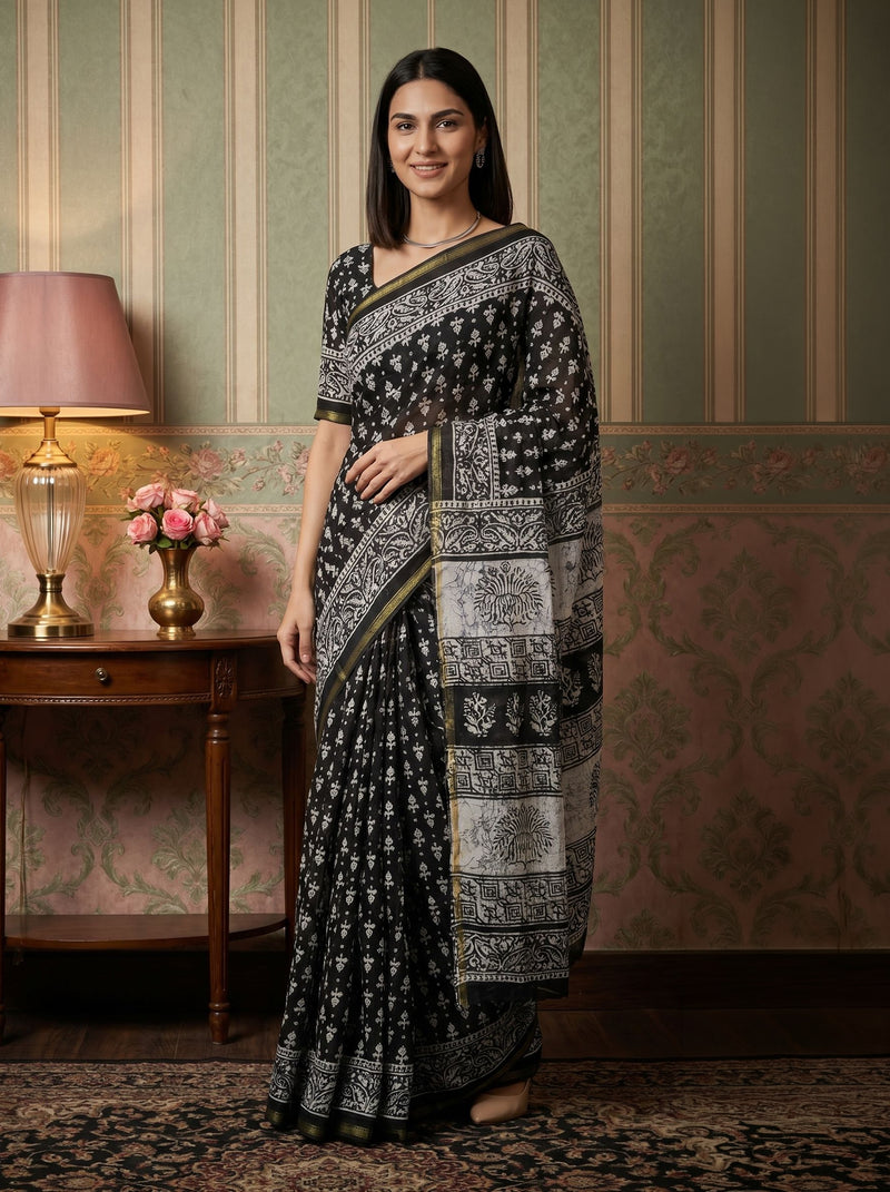Woman wearing a black and white patterned saree in an elegant room.