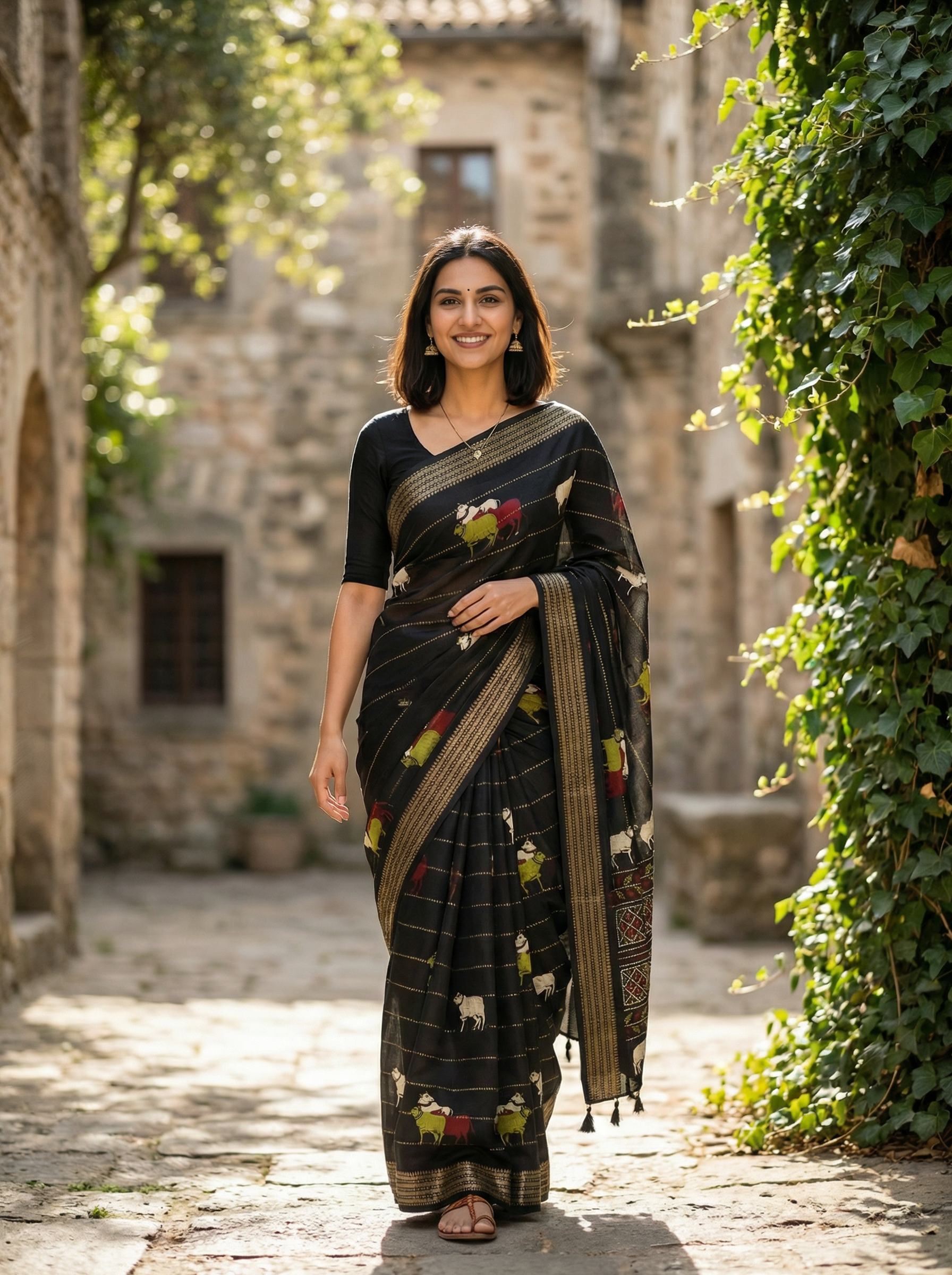Woman in a traditional saree standing in an outdoor setting with stone walls and greenery.