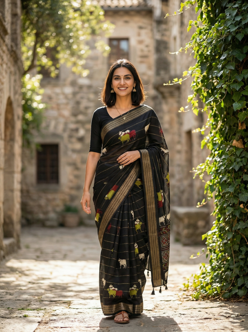 Woman in a traditional saree standing in an outdoor setting with stone walls and greenery.