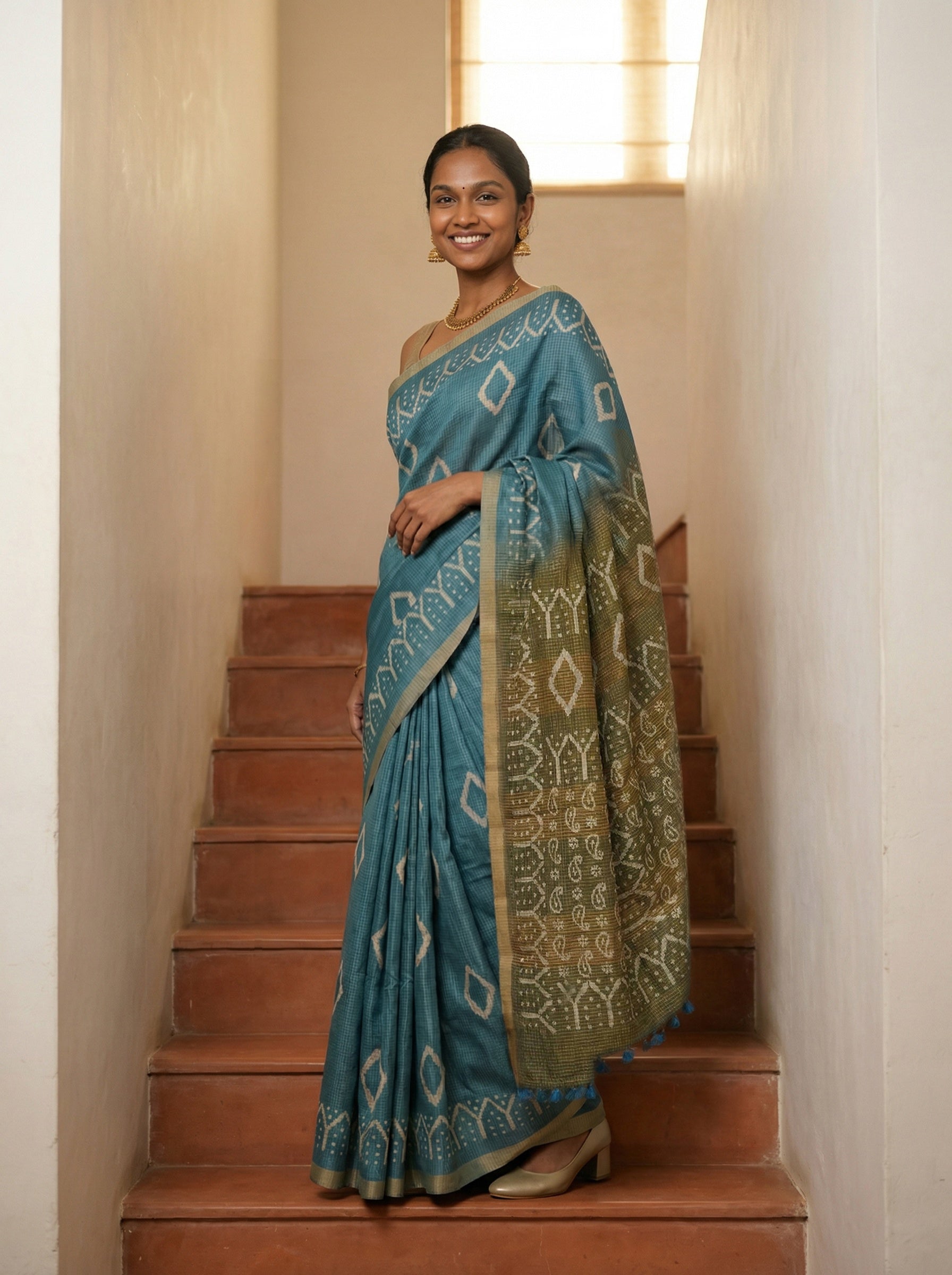 Synthetic Teal Blue Saree with Geometric Butta Design