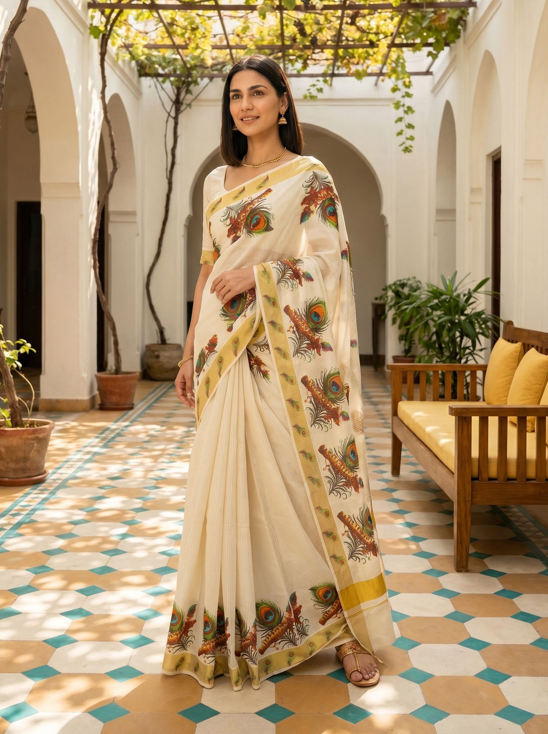 Cotton Wheat Cream Traditional Folk Bird Pattern Set Saree