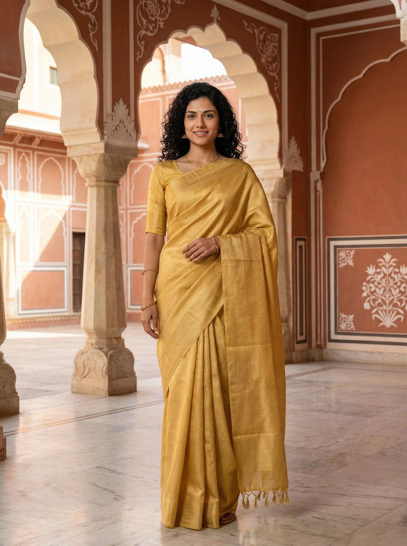 Woman in a yellow saree standing in an ornate architectural setting