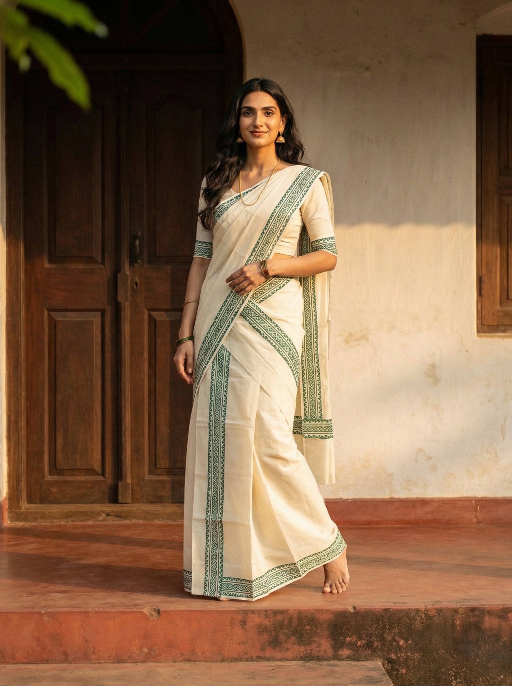 Woman in a white saree with green borders standing in front of a wooden door.