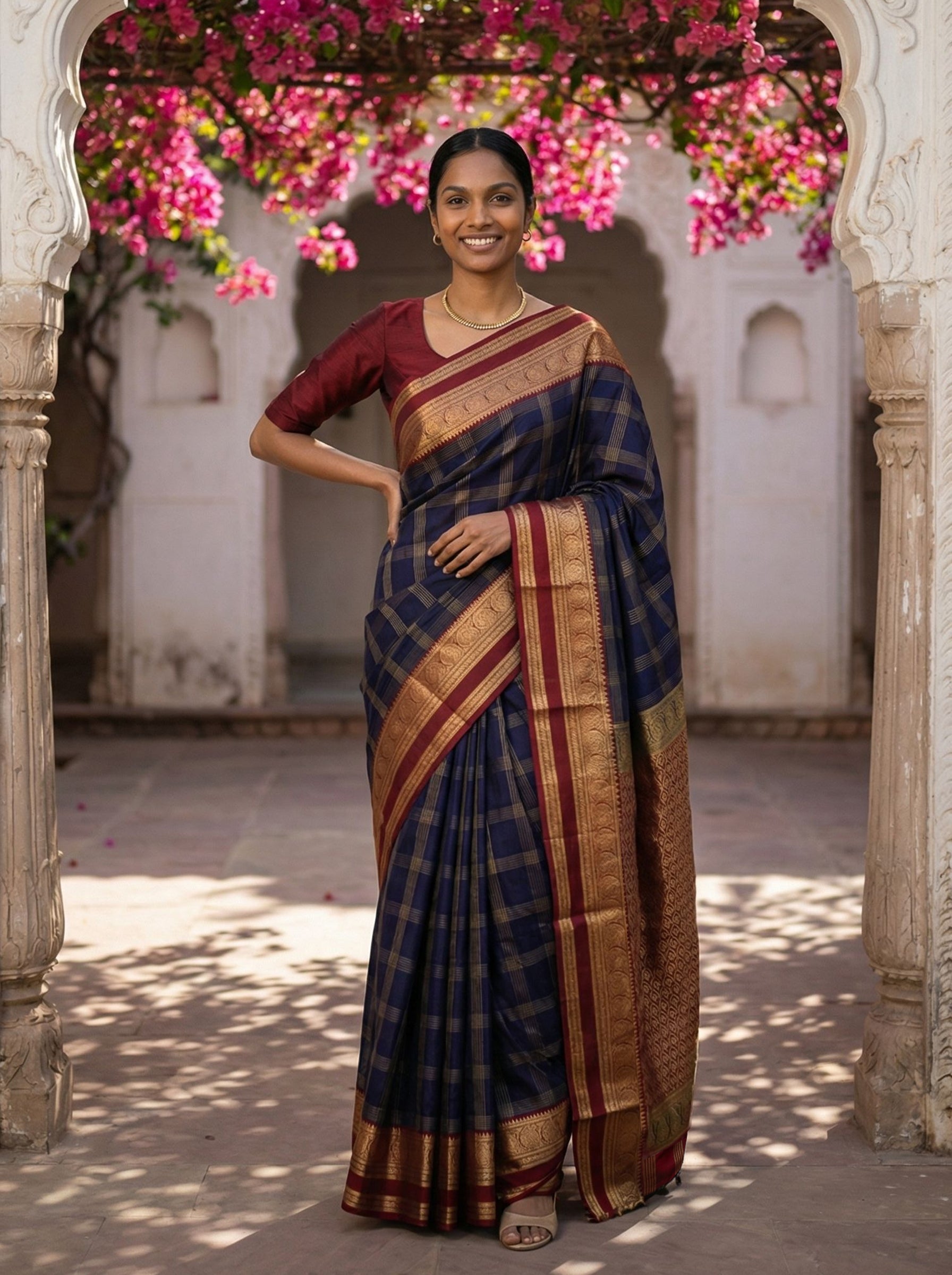 Pure Silk Navy Blue Checked Saree with Maroon Border