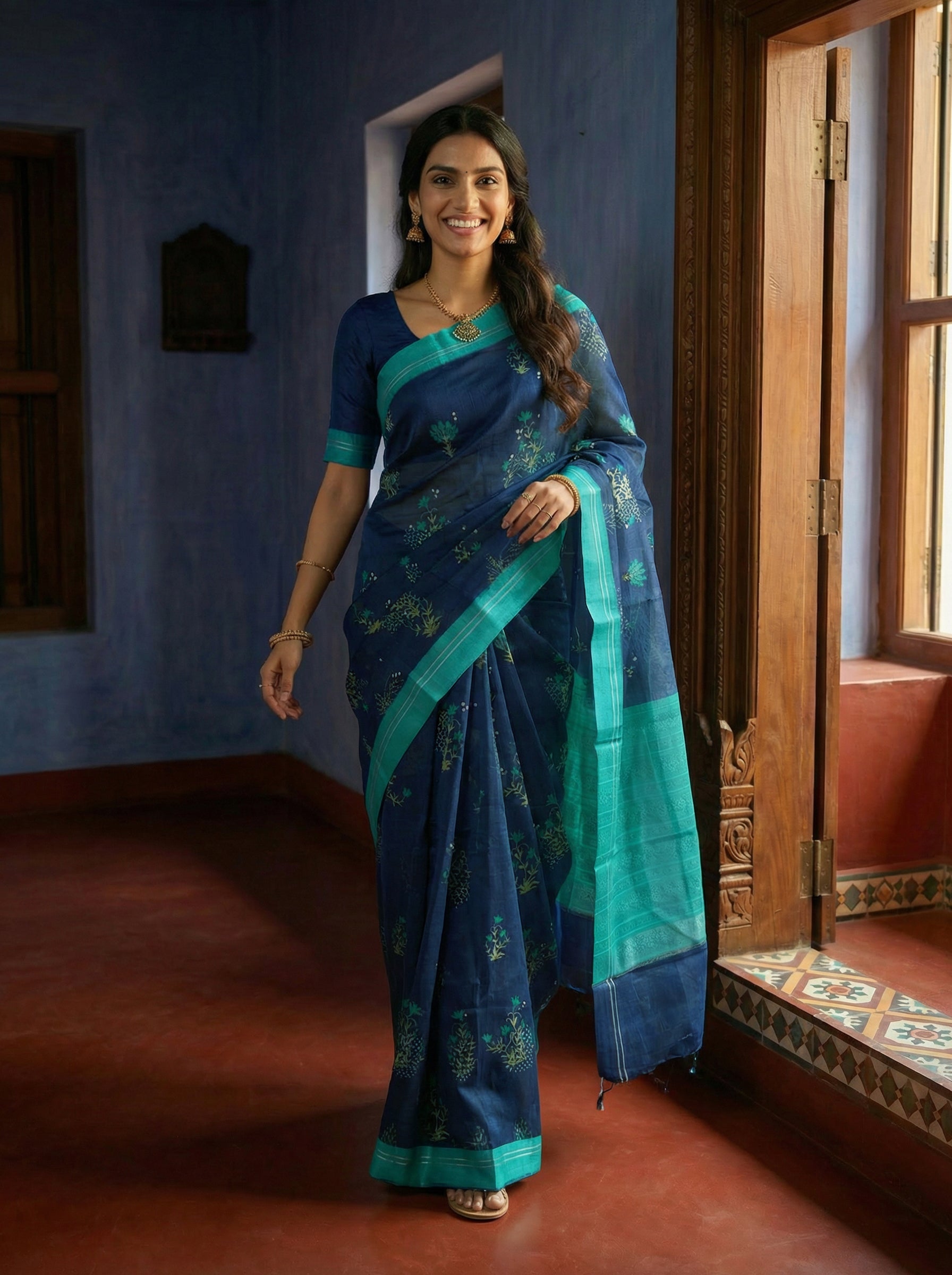 Cotton Navy Blue Saree with Sea Green Border and Gold Buttas