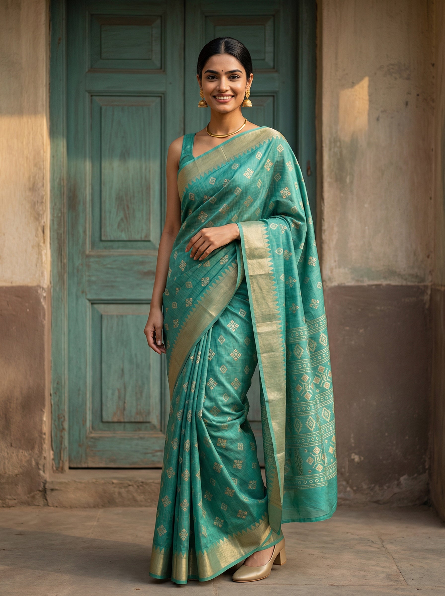 Synthetic Sea Green Saree with Gold Woven Motifs