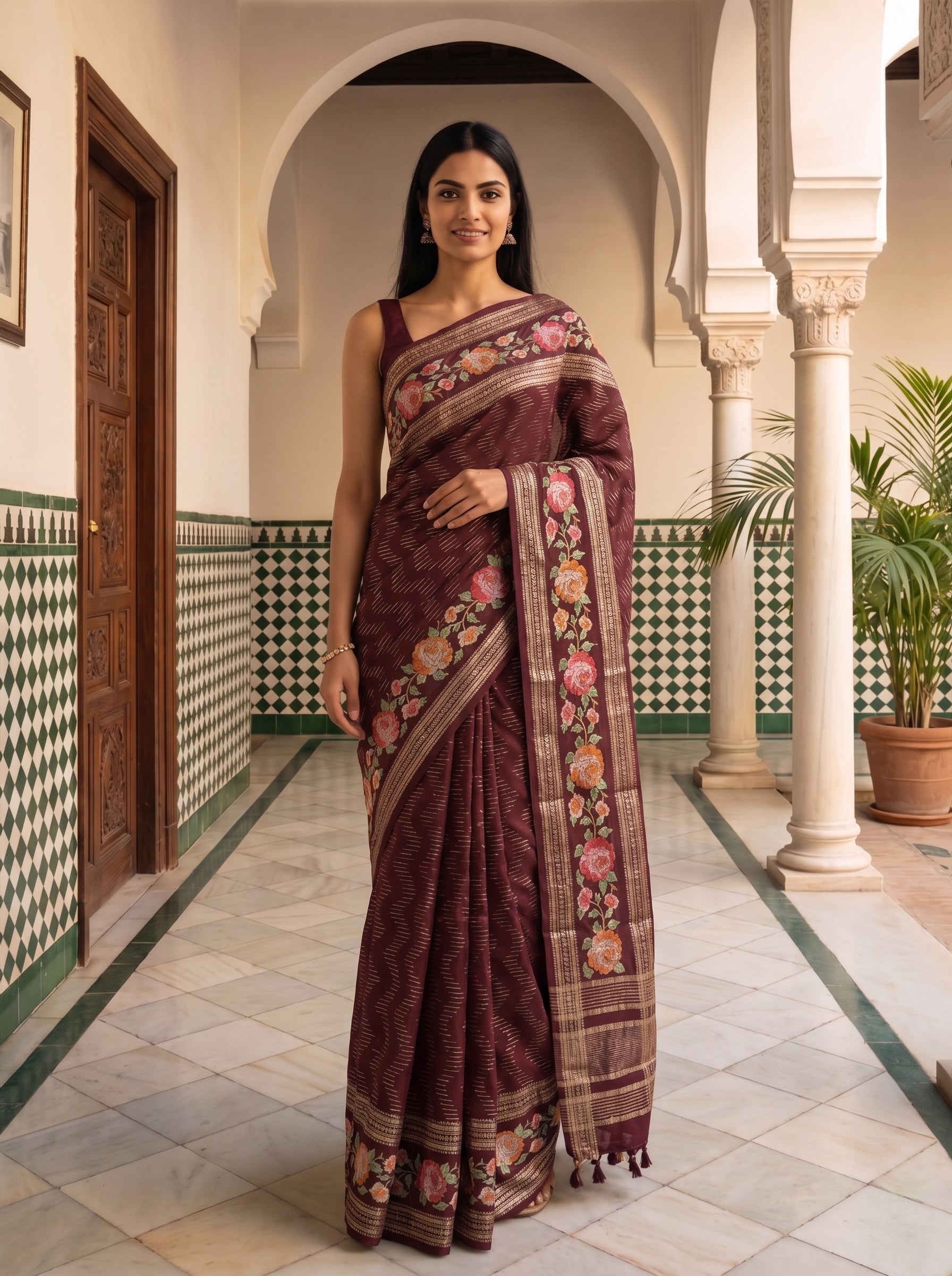 Semi Tussar Deep Wine Floral Embroidery Border Saree