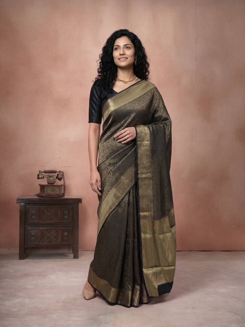 Woman wearing a traditional saree against a plain background