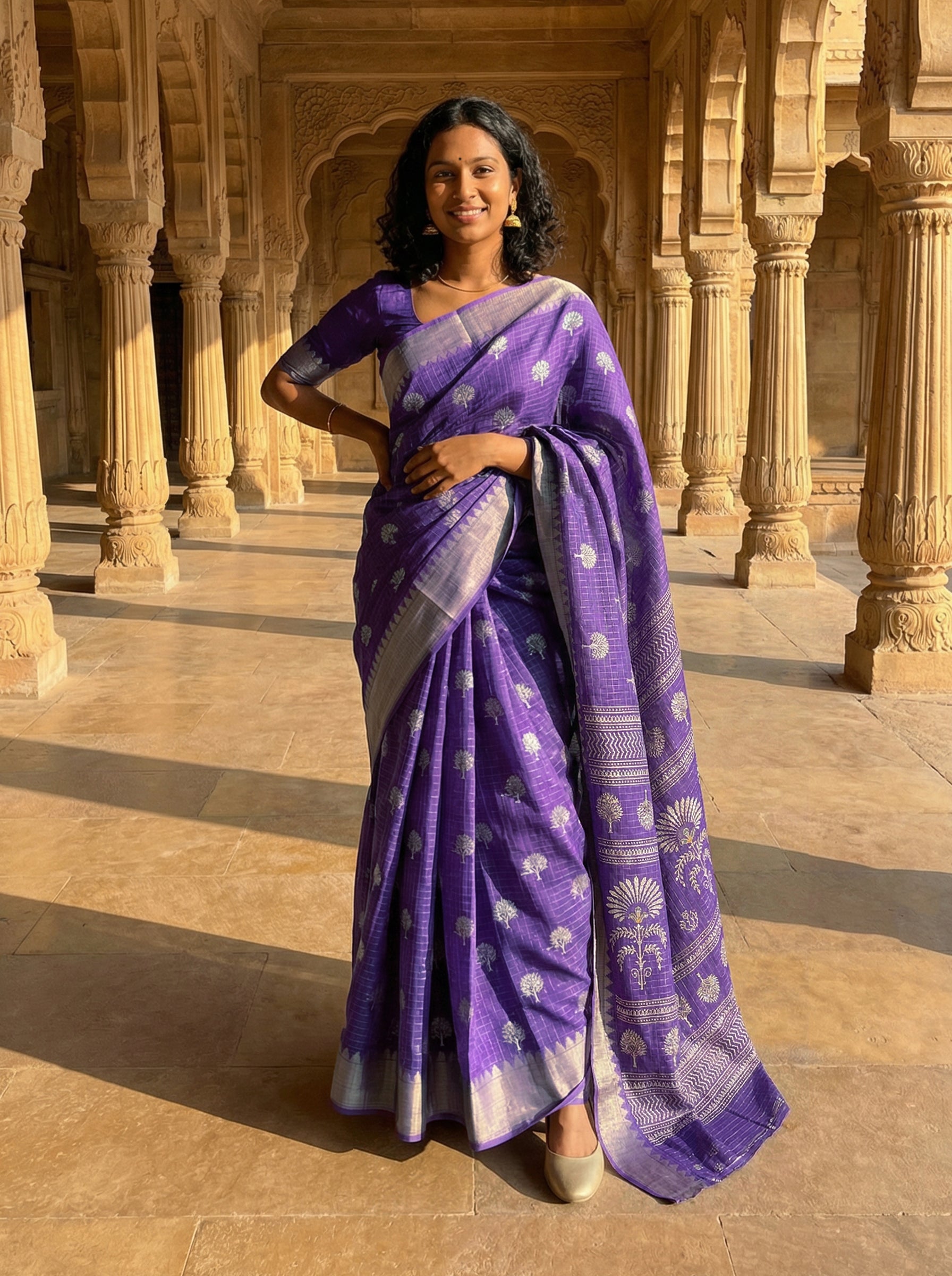 Synthetic Purple Saree with Gold Woven Motifs and Zari Border