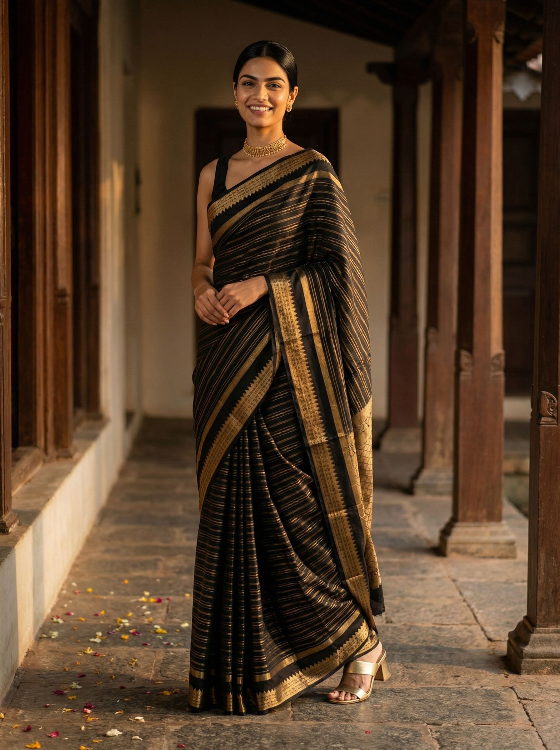 Kanjivaram Pure Silk Black And Golden Stripe Saree