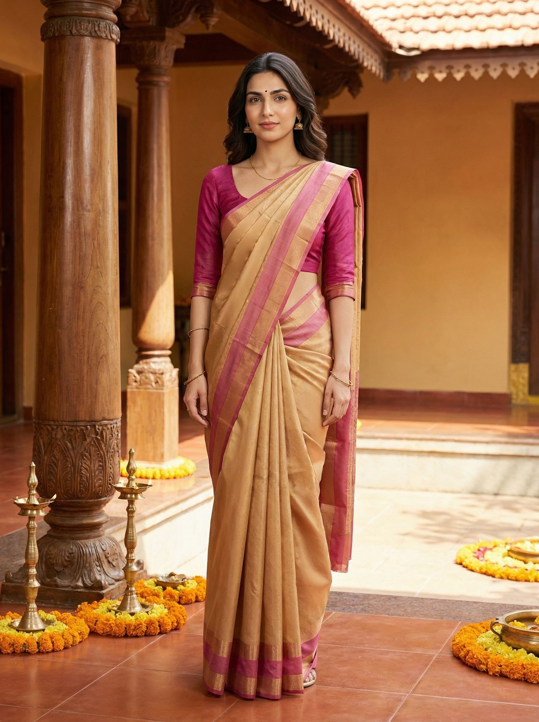 Woman in a traditional saree standing in a decorated indoor setting