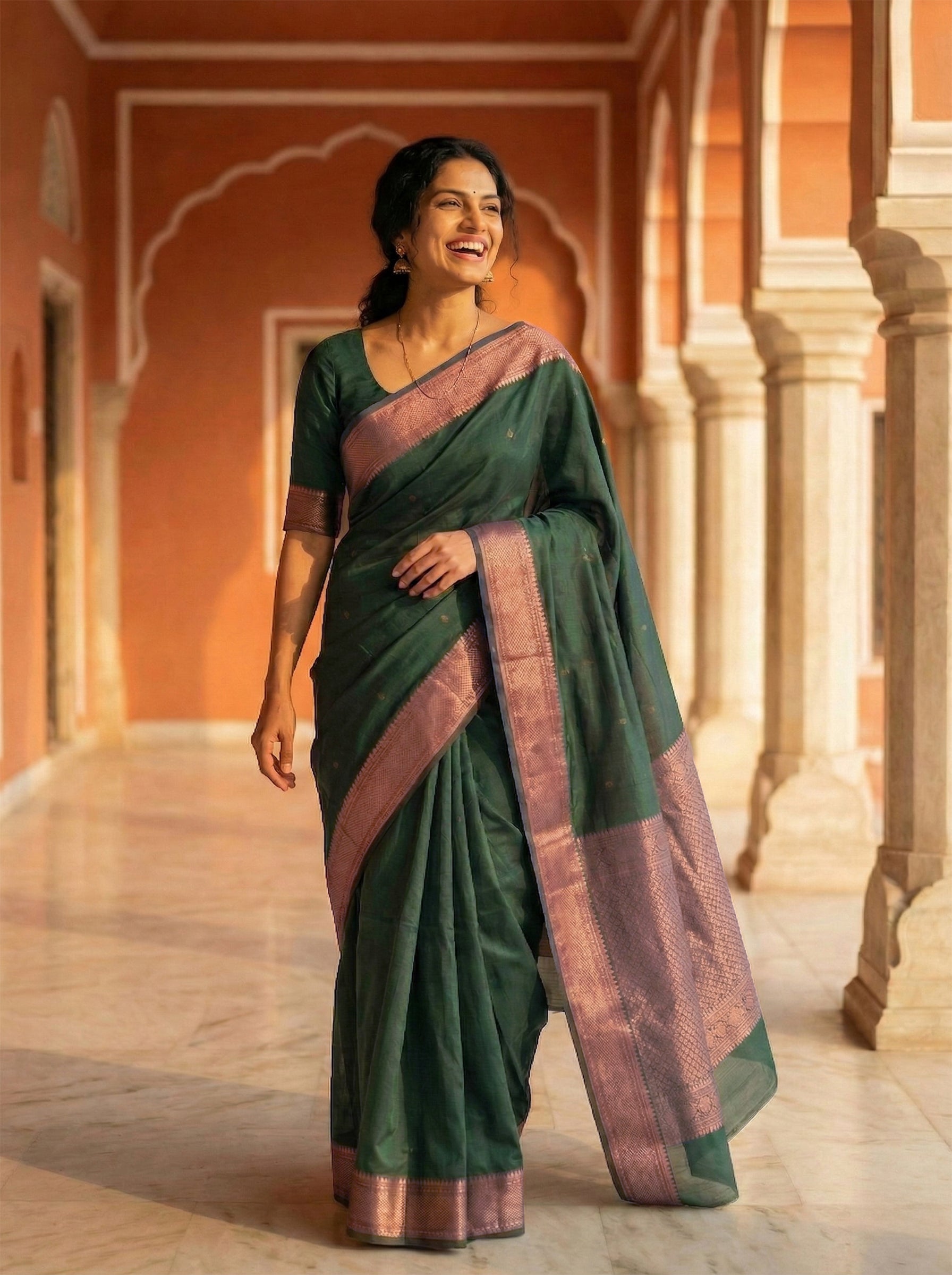 Woman in a green saree with pink border standing in an architectural setting